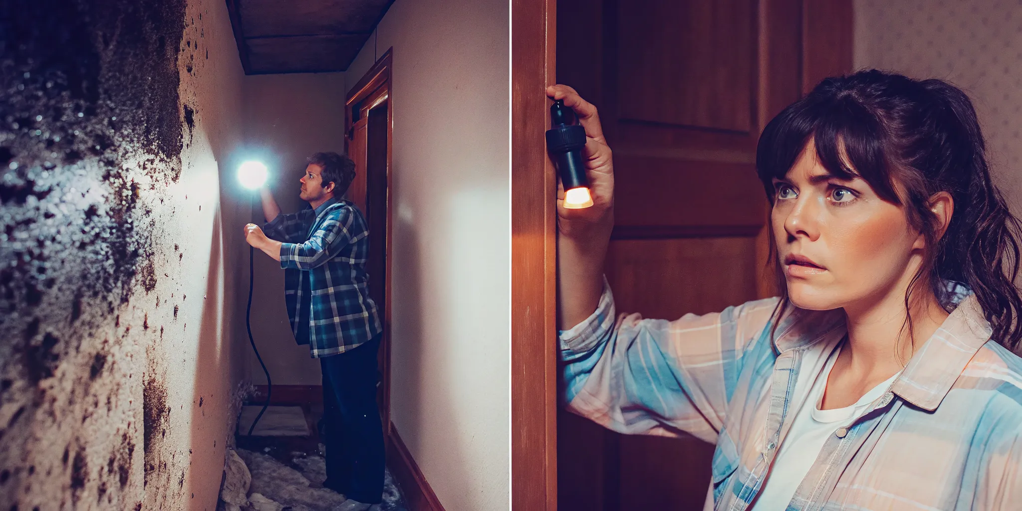 Homeowner inspecting dark mold growth on a basement wall with a flashlight