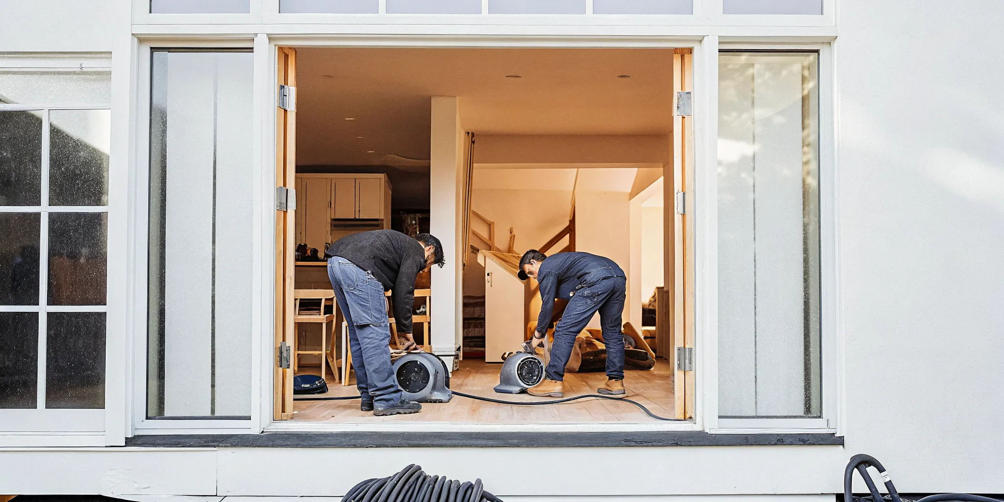 Professional water damage restoration equipment drying a Bakersfield home