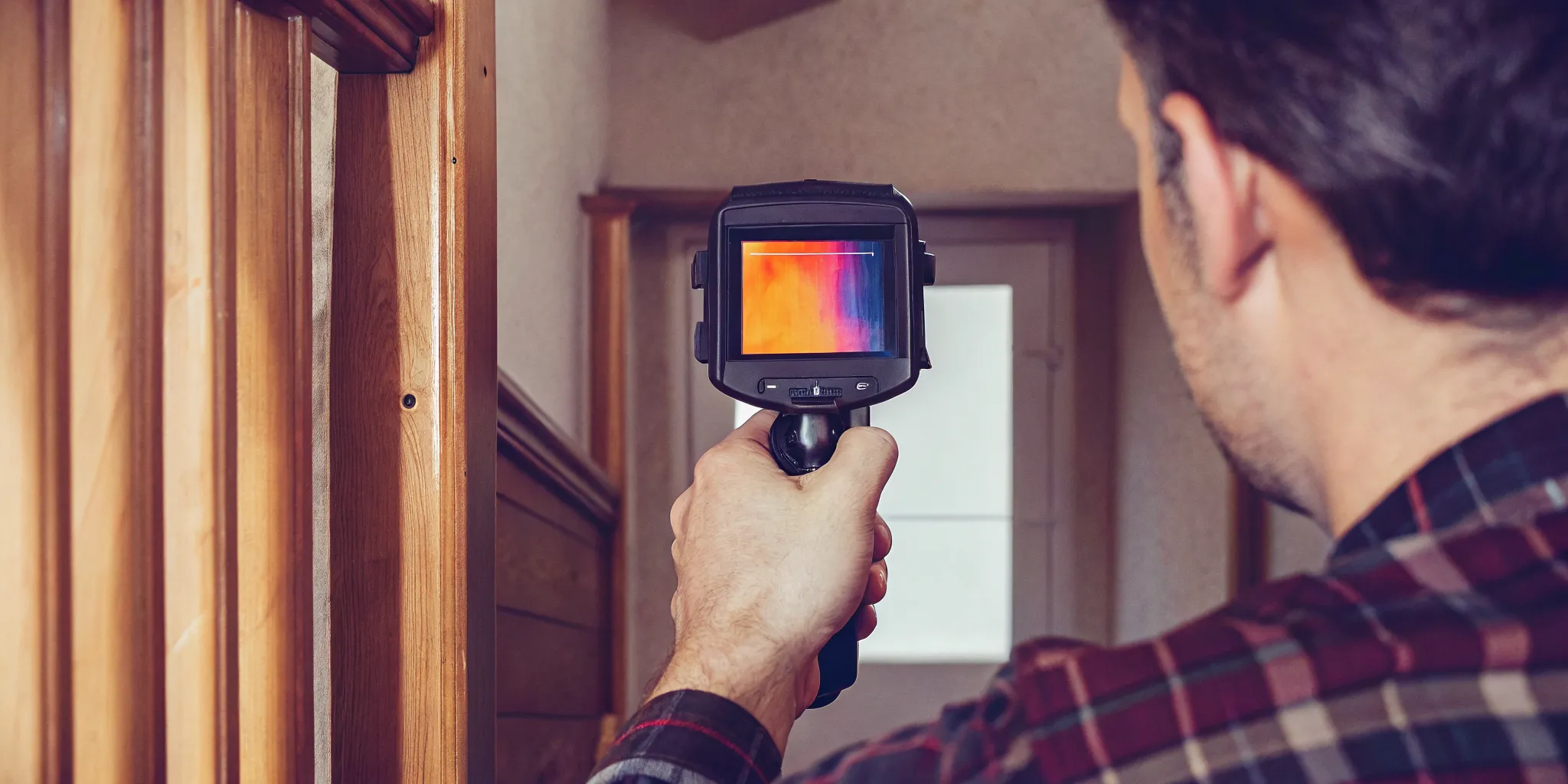Technician using a thermal imaging camera to detect hidden moisture behind a wall during a mold inspection