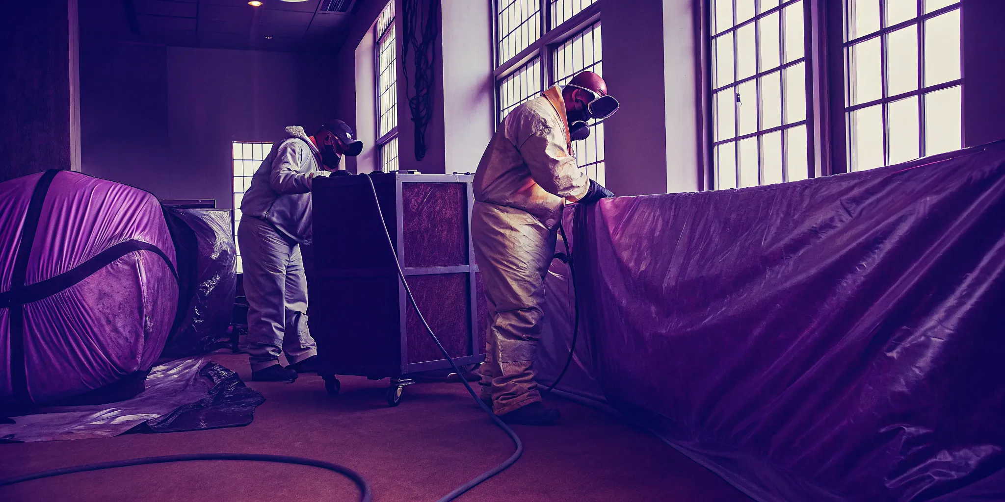 Restoration technicians setting up containment and air scrubbers in a commercial office after fire and smoke damage