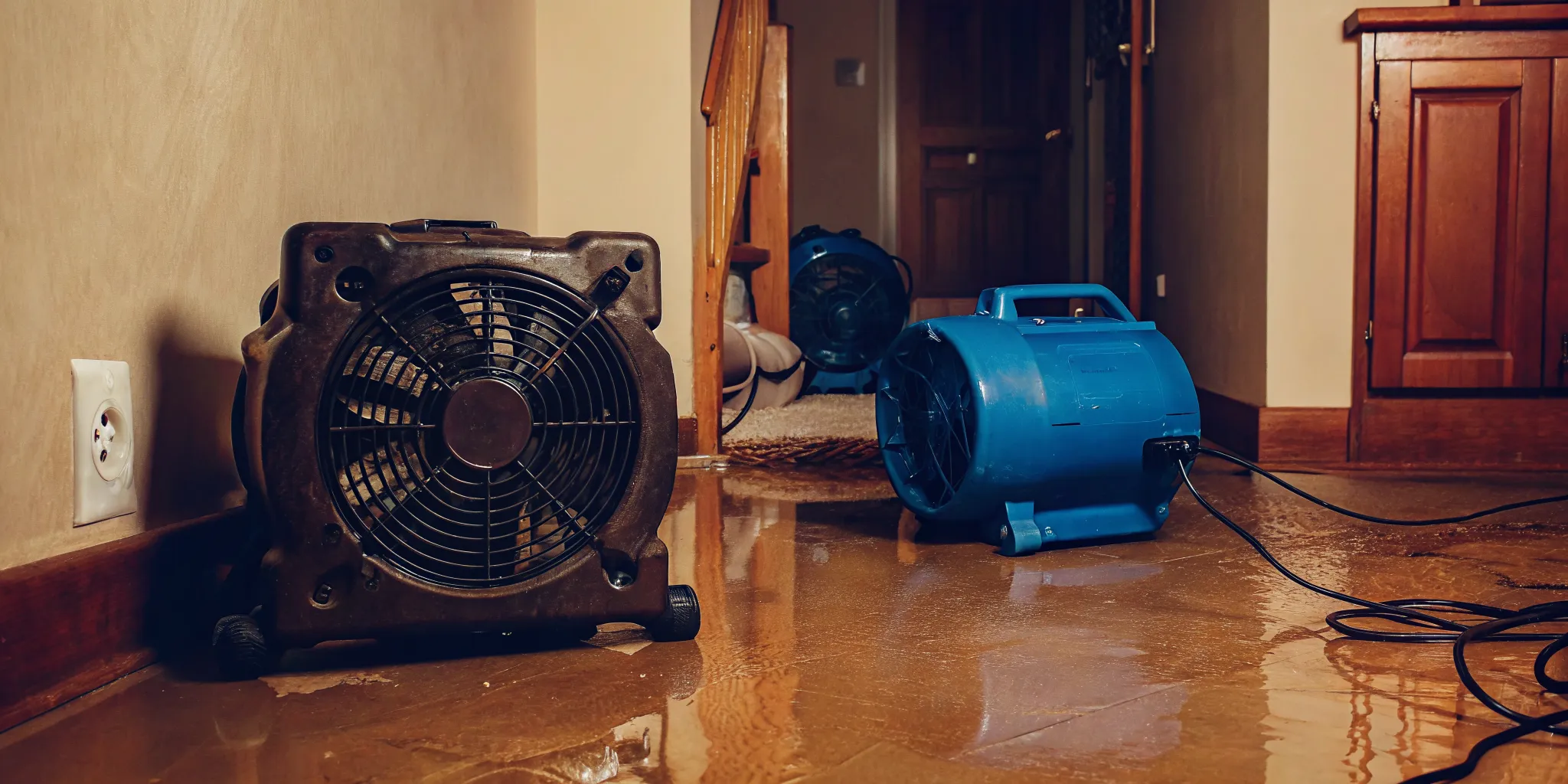 Professional basement water extraction equipment drying a flooded basement with industrial fans
