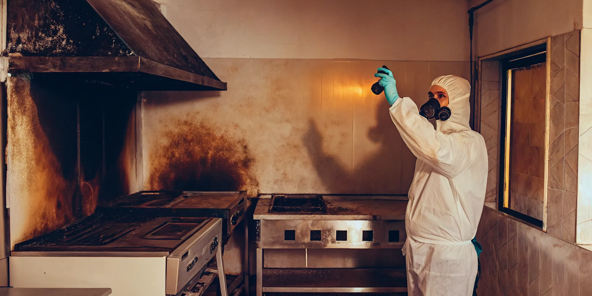Restoration specialist in protective equipment inspecting a commercial kitchen after fire damage