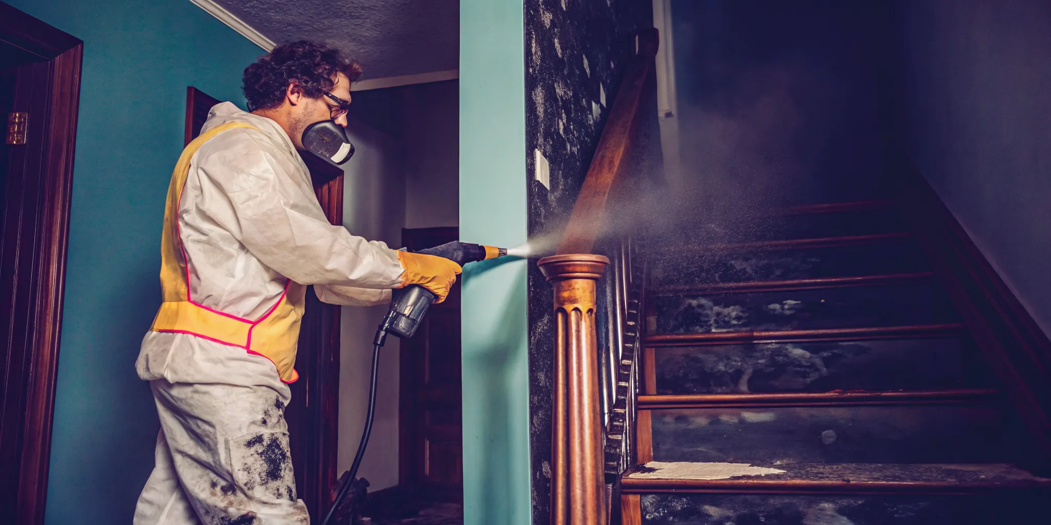 Restoration technician cleaning fire and smoke damage on living room walls in Bakersfield CA