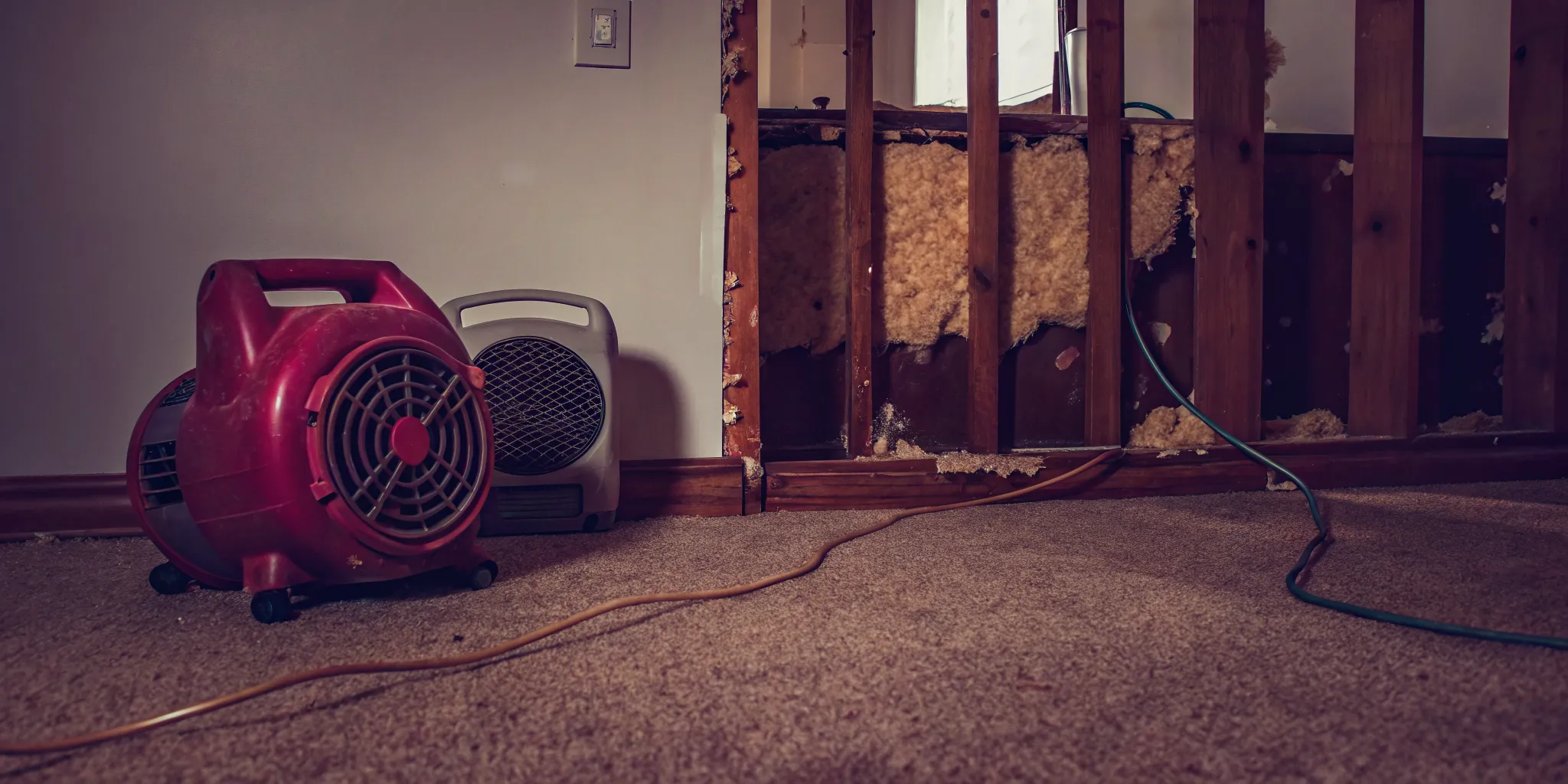 Industrial dehumidifiers and air movers deployed to dry water-damaged drywall in a Bakersfield residence