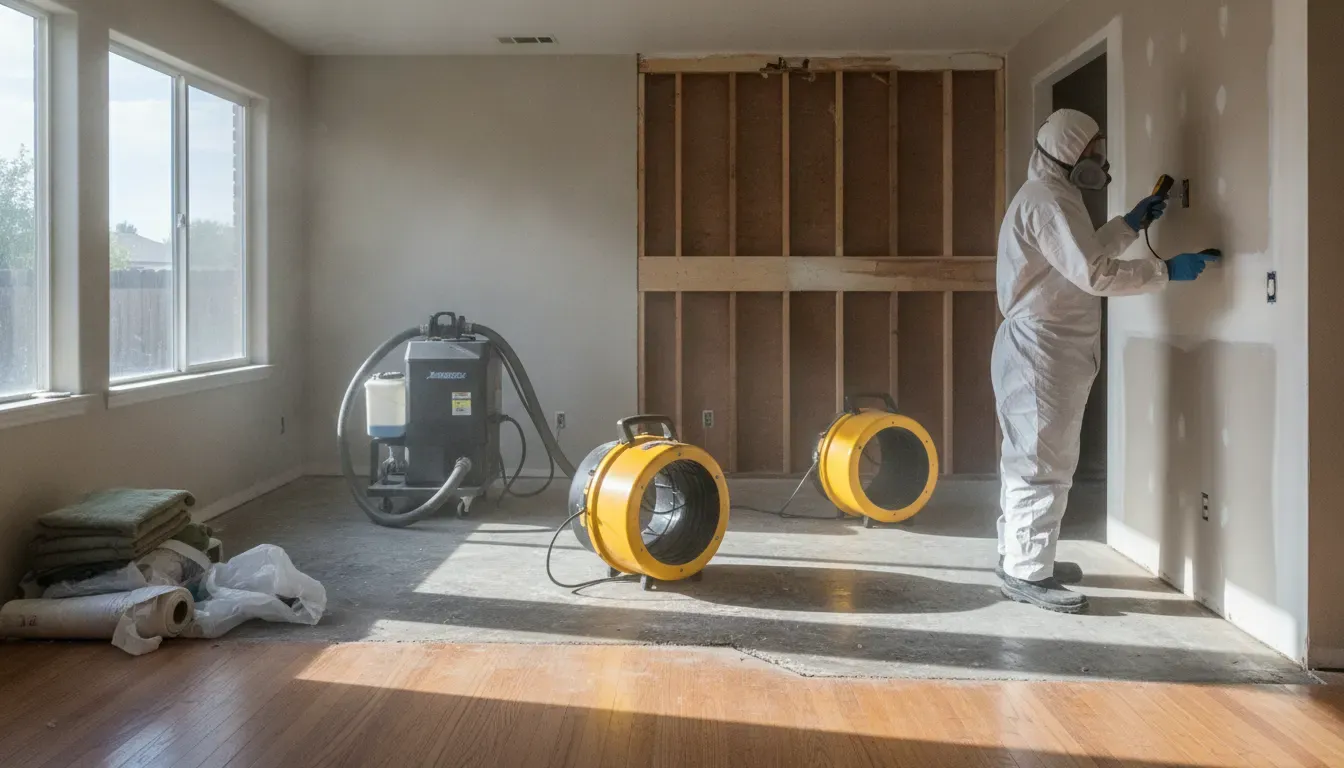 Professional technician using drying equipment during mold remediation after a flood
