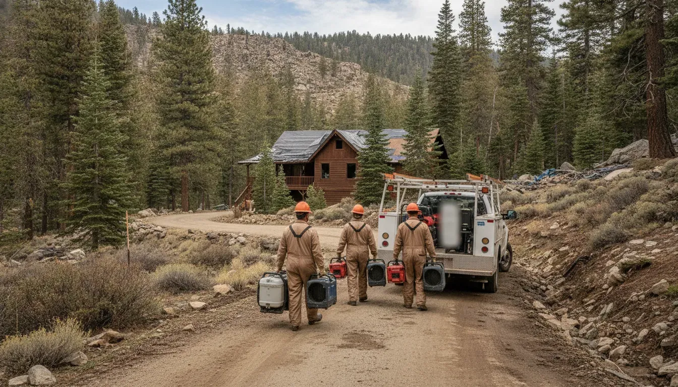 Restoration crew carrying equipment to a remote Pine Mountain Club home