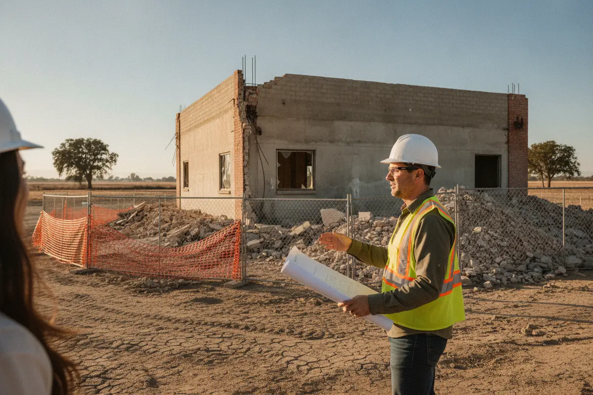 Property manager reviewing a written temporary protection plan at a damaged property