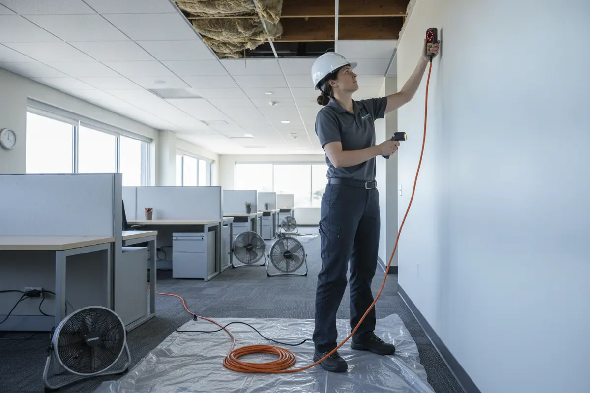 Restoration professional checking moisture around an office wall and ceiling