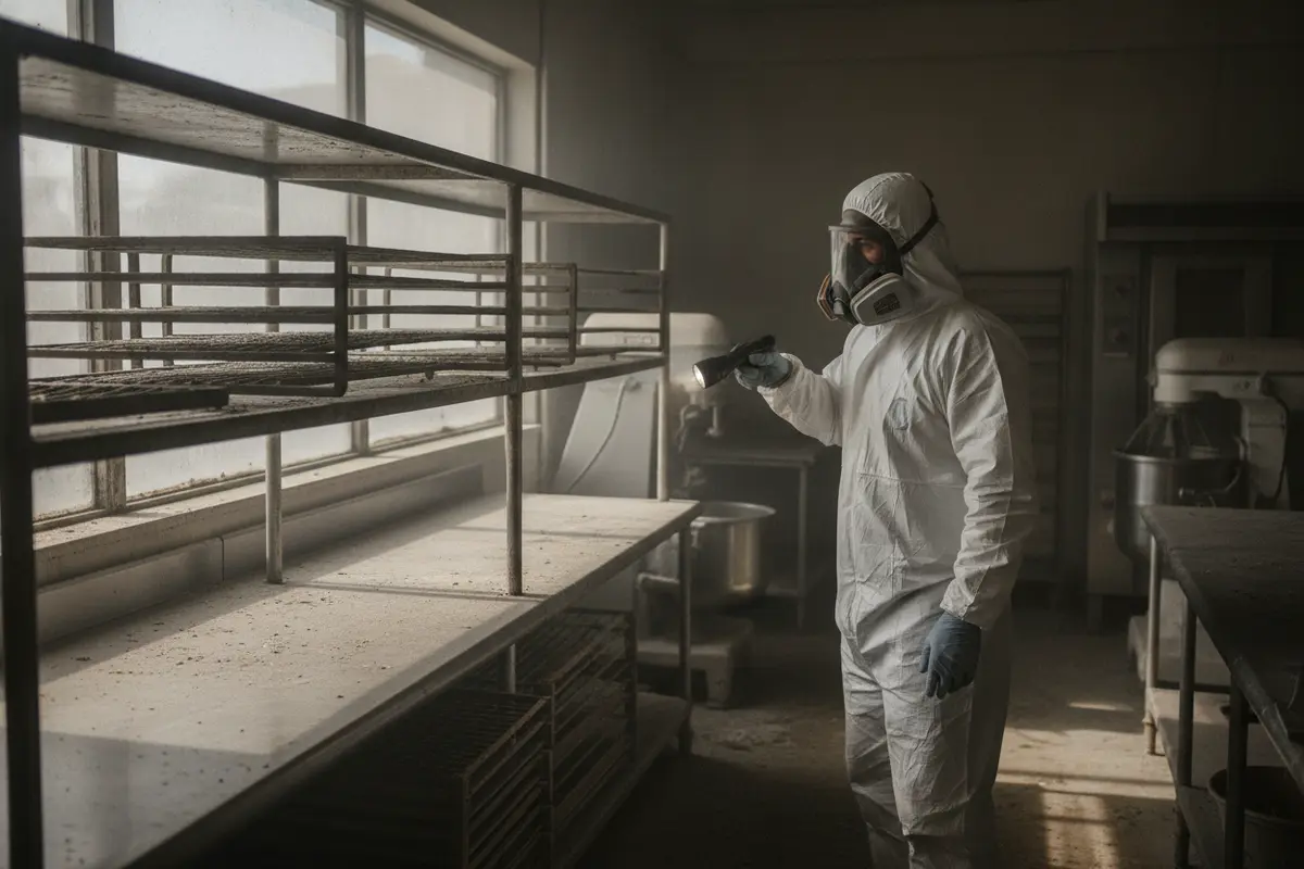 Restoration professional checking smoke residue on bakery shelving and kitchen surfaces