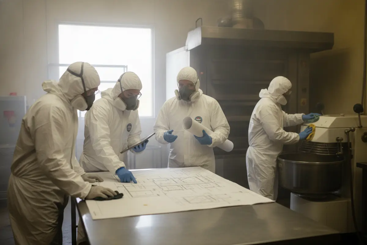 Restoration team reviewing a documented cleanup plan for bakery work areas