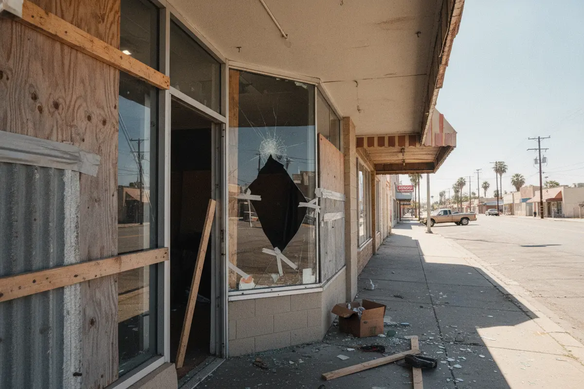 Temporary protective panels covering a damaged commercial building opening