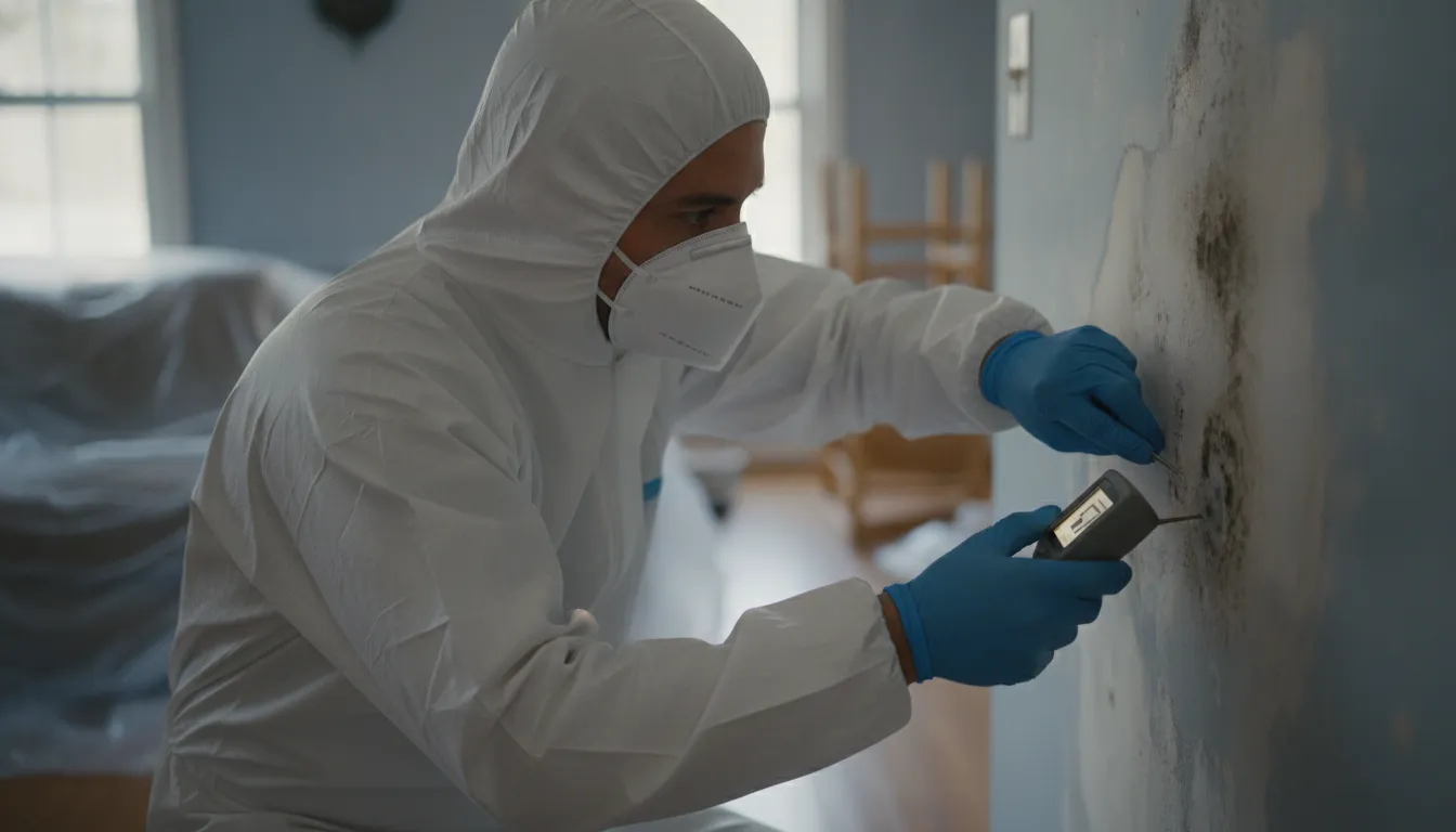 911 restoration vs servpro bakersfield technician checking moisture in a damaged property