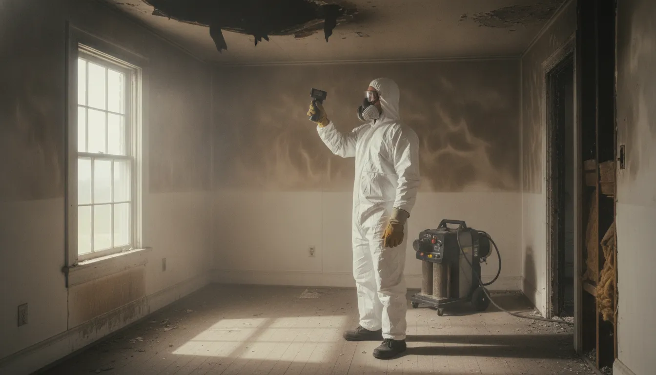 Restoration professional inspecting smoke damage inside a South Kern County property