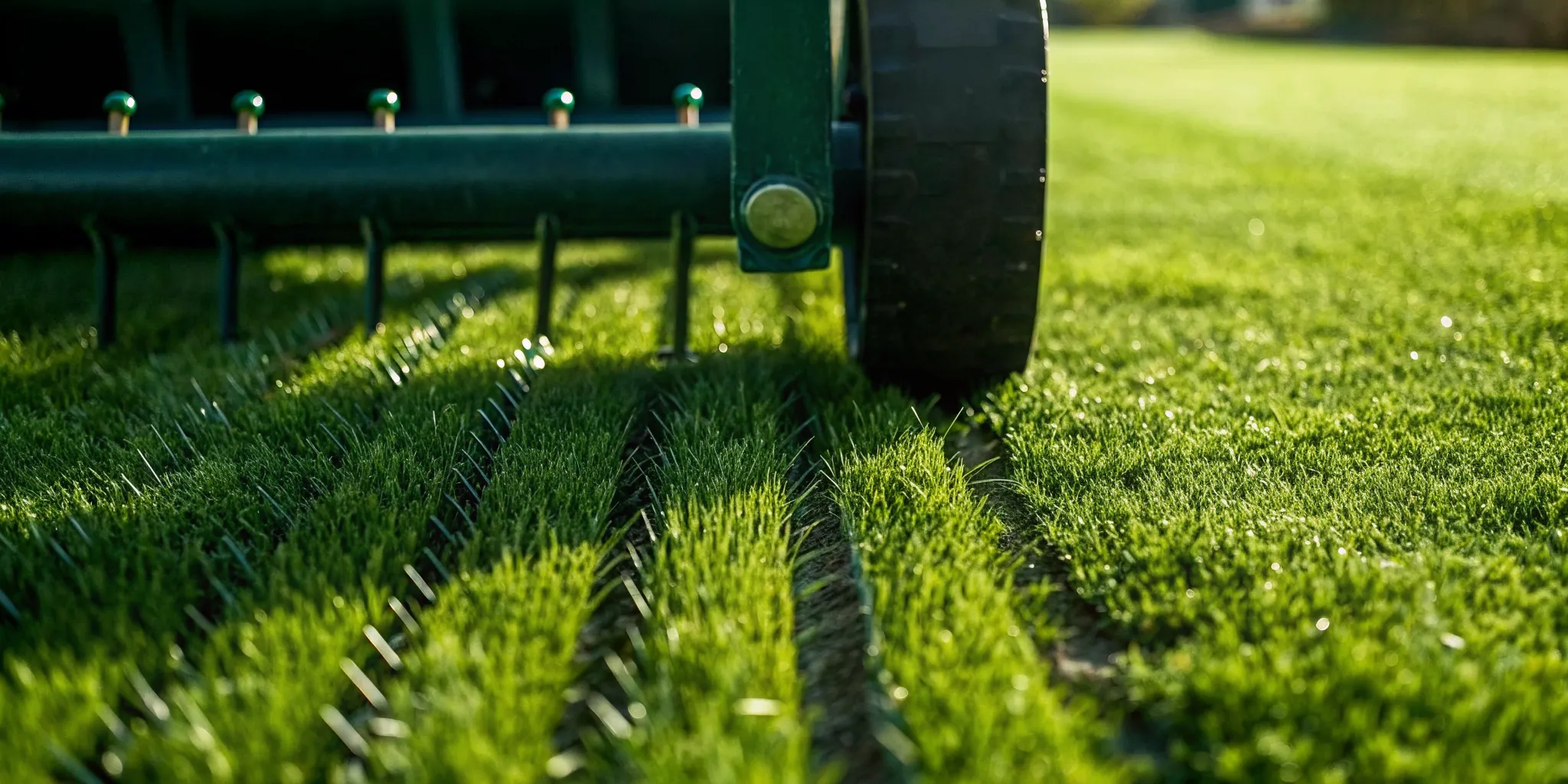 Core aeration pulling soil plugs from a healthy lawn to improve root growth.