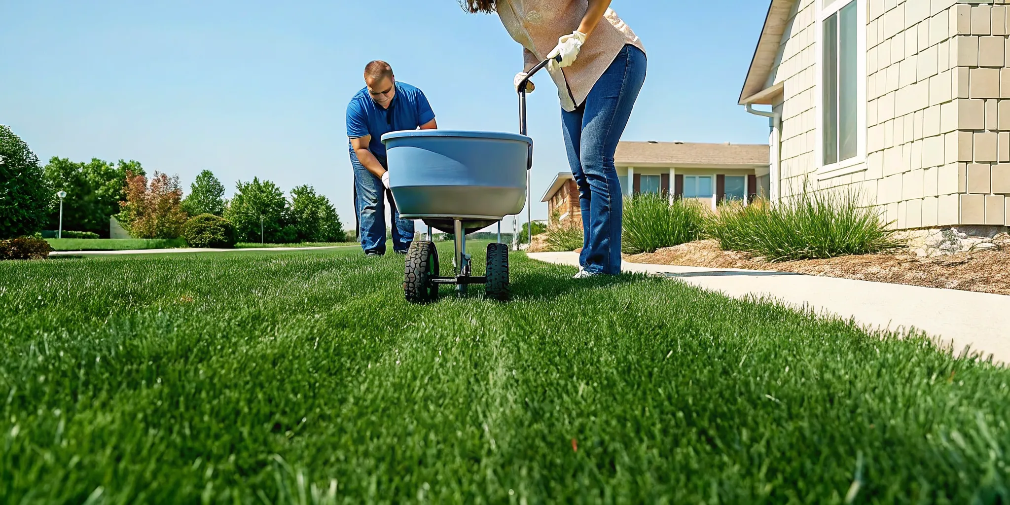 Homeowner applying DIY lawn fertilizer with a spreader