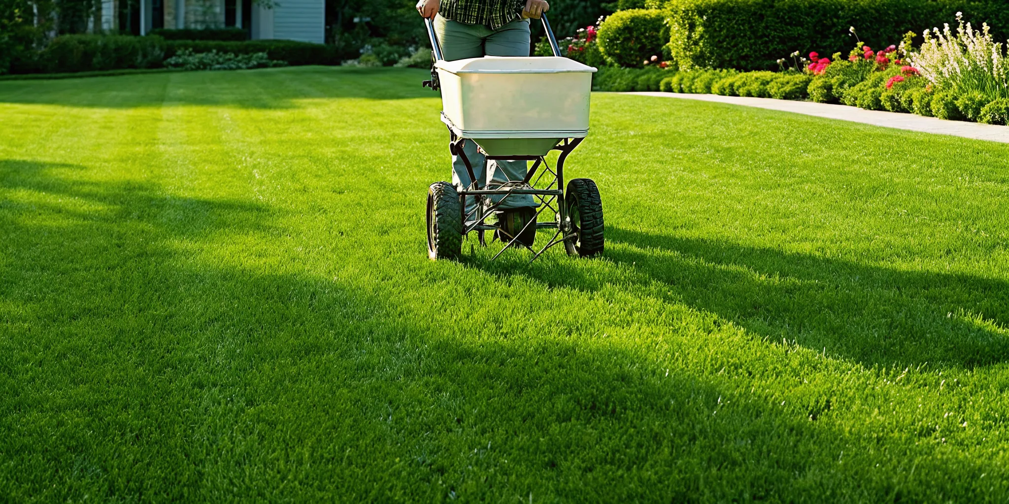 Lawn care professional applying fertilizer to green turf