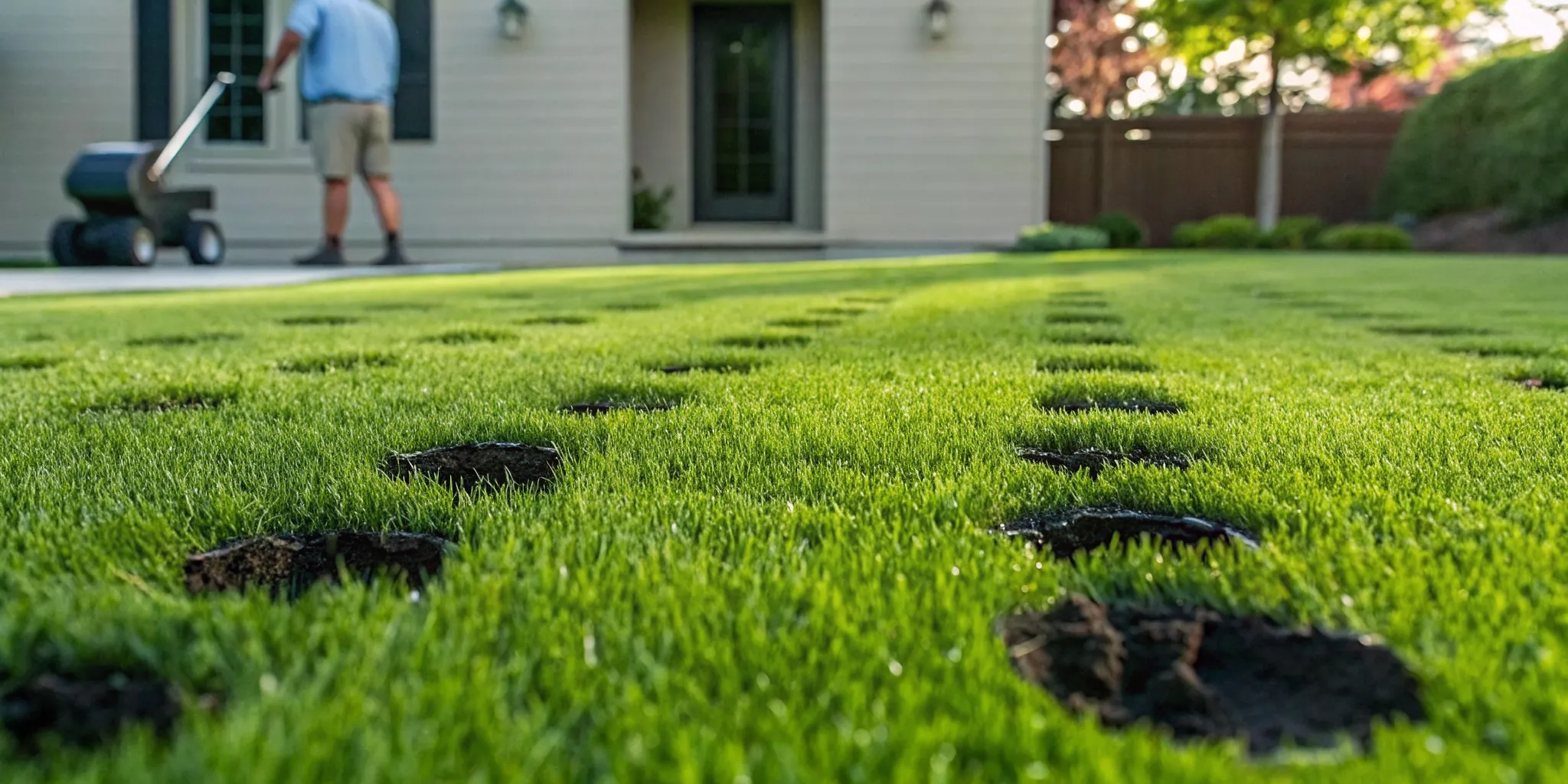 Lawn aeration equipment creating soil openings for healthier turf
