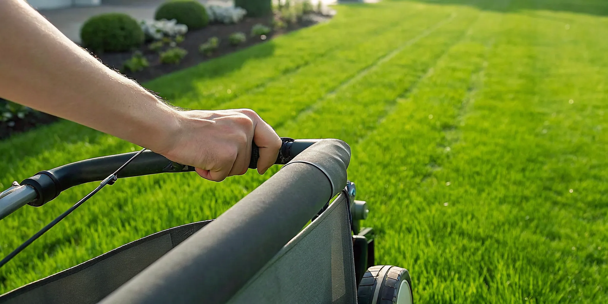 Homeowner adjusting the mower deck height on a healthy cool-season lawn for seasonal mowing