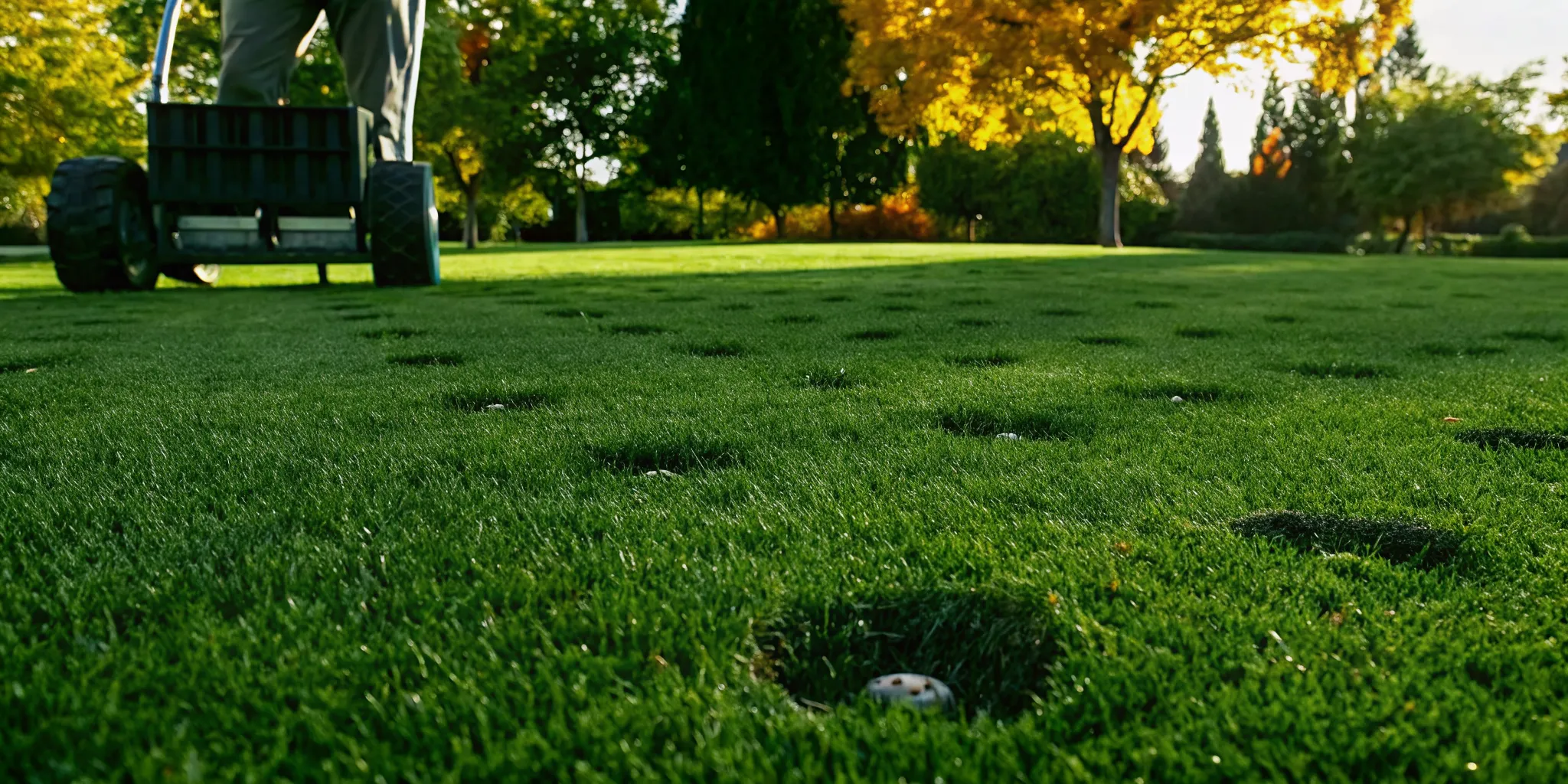 Core aeration machine pulling soil plugs from a lawn in autumn to relieve compaction before winter