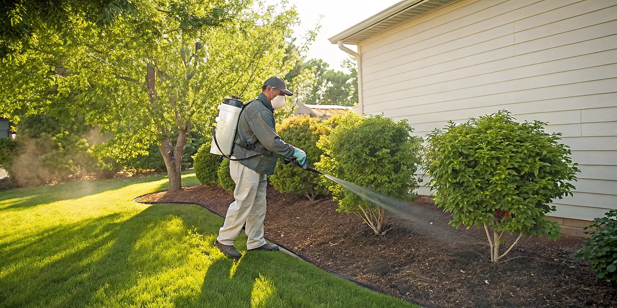 Professional technician applying mosquito barrier treatment to shrubs and shaded vegetation in a Midwest residential backyard