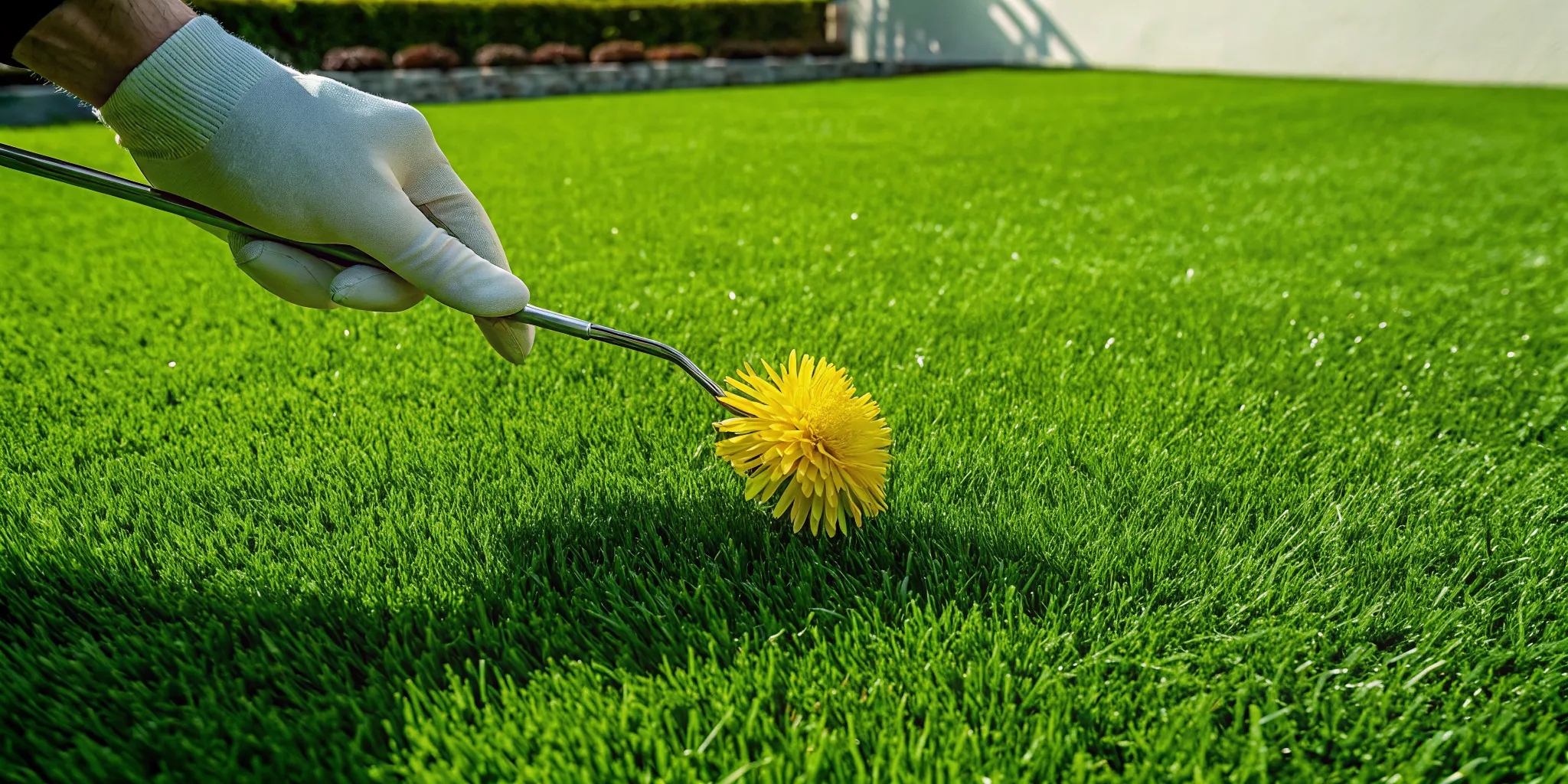 Hand tool removing a dandelion taproot from healthy lawn turf