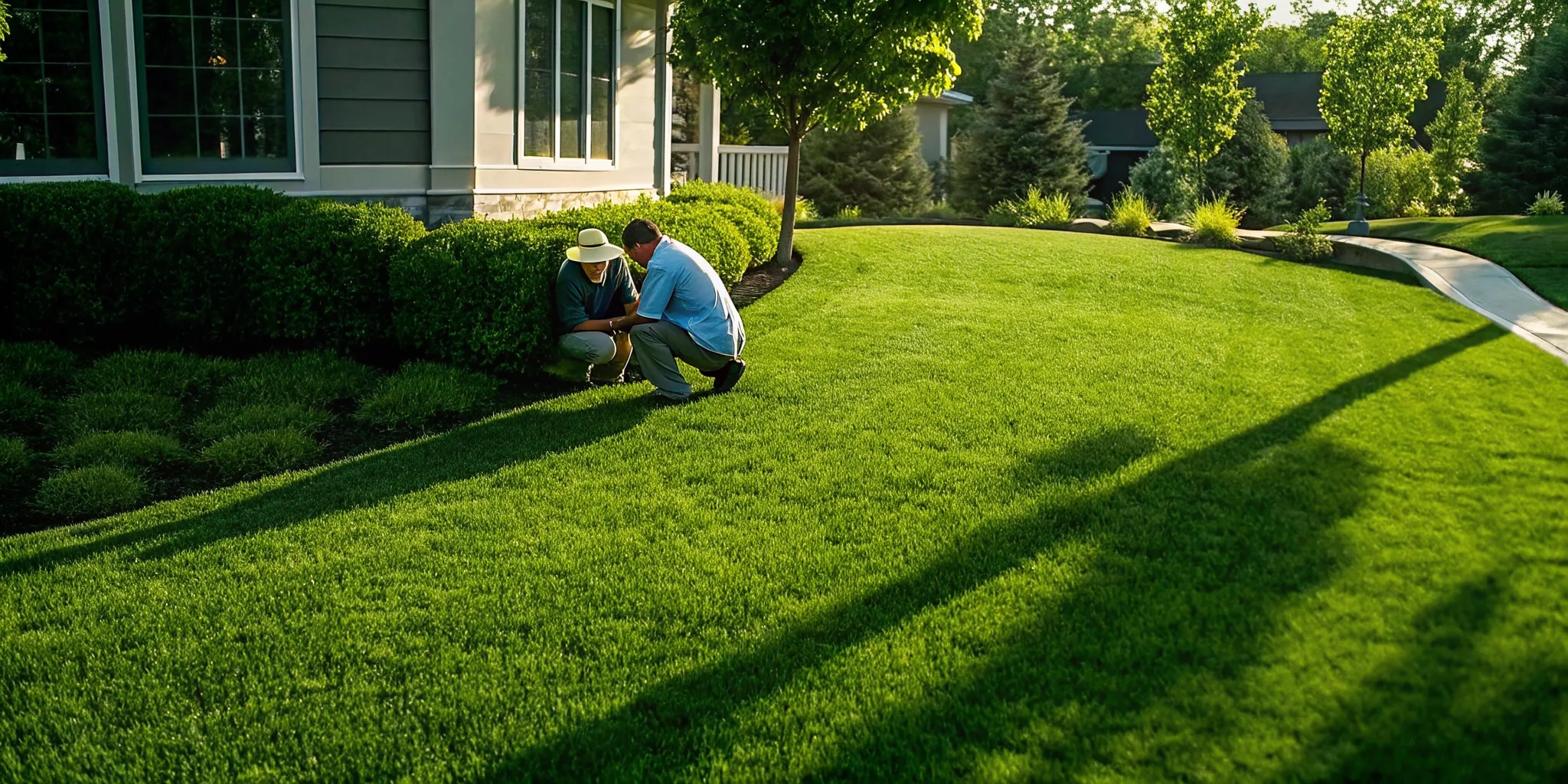 Lawn care technician inspecting turf with a homeowner