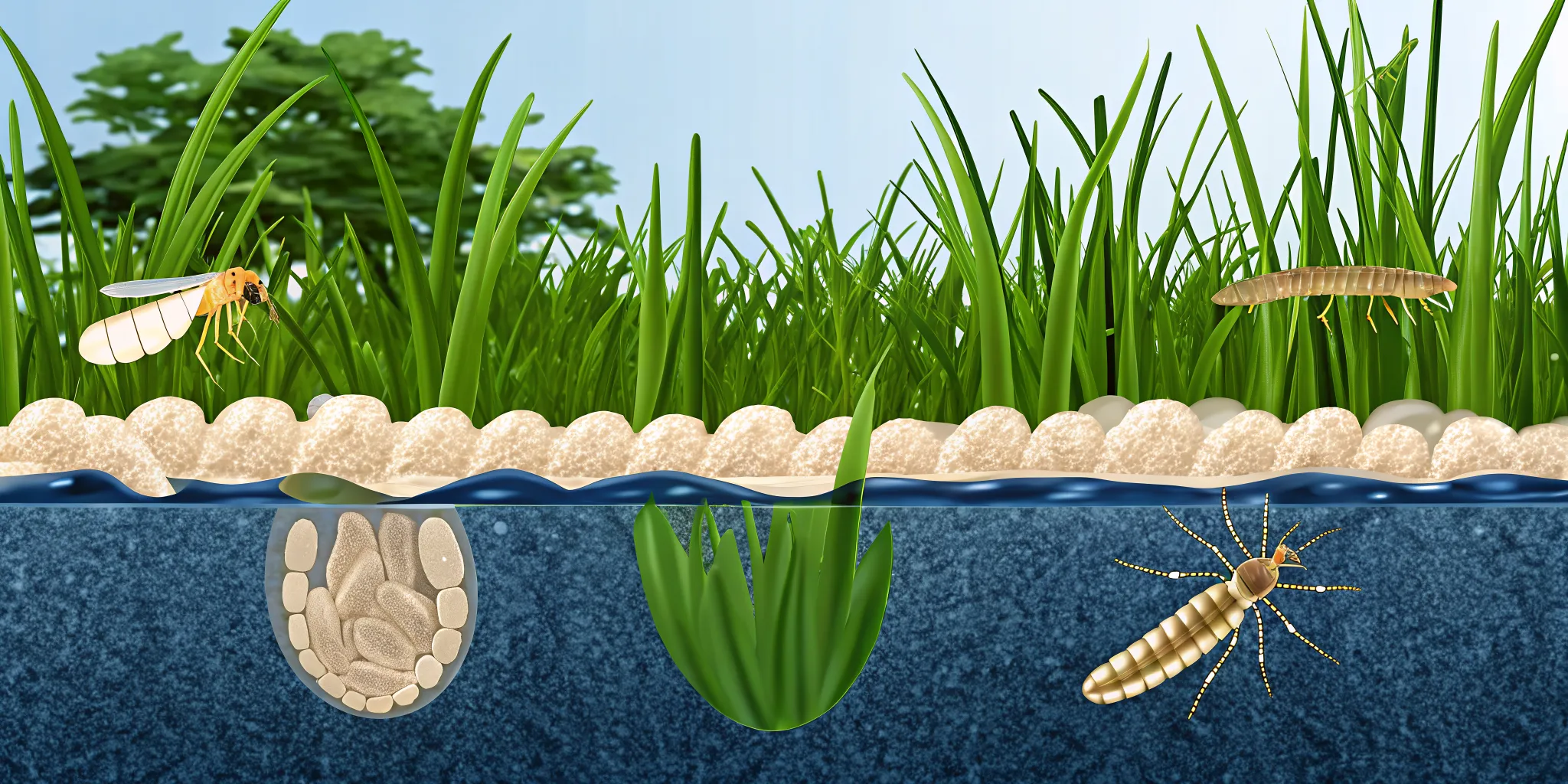 Educational diagram showing the four-stage mosquito lifecycle from egg to adult in standing water for Midwest homeowners