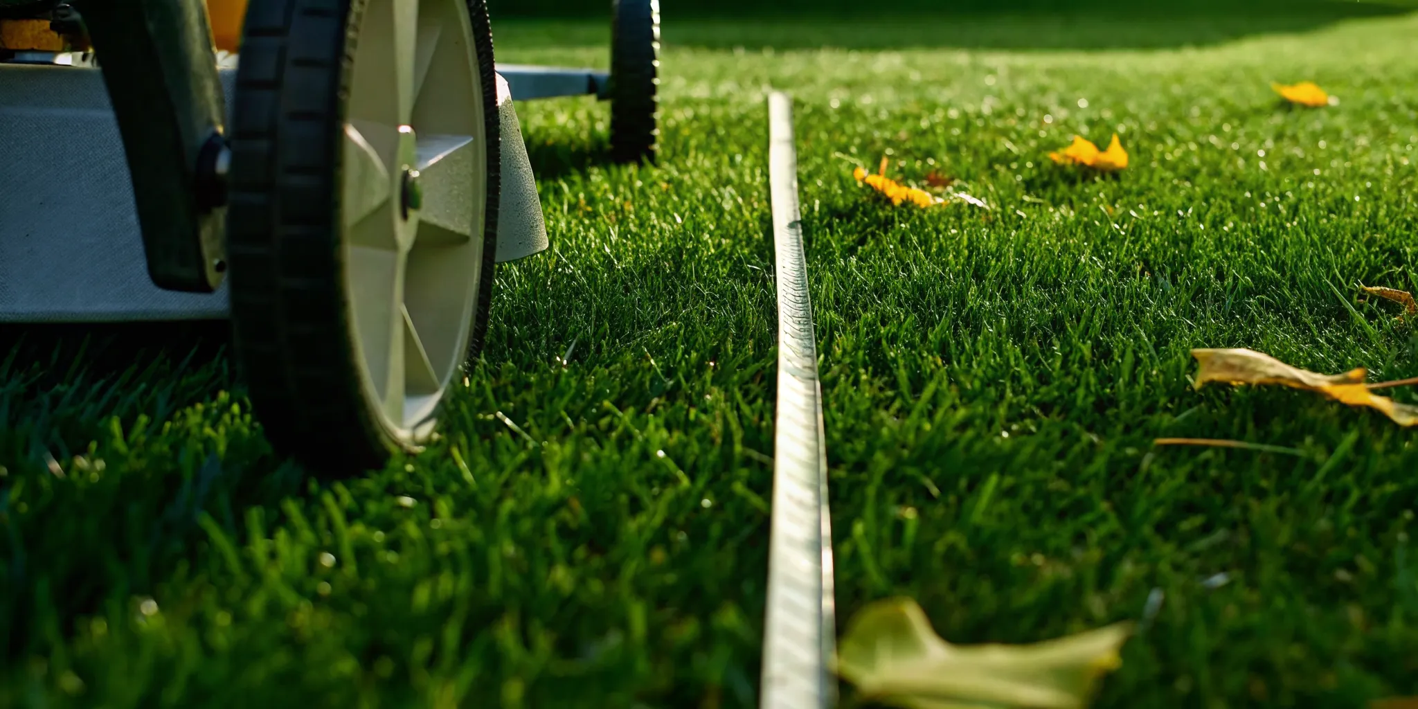 Lawn mower on autumn grass showing correct 2 to 2.5 inch fall mowing height for winter lawn preparation