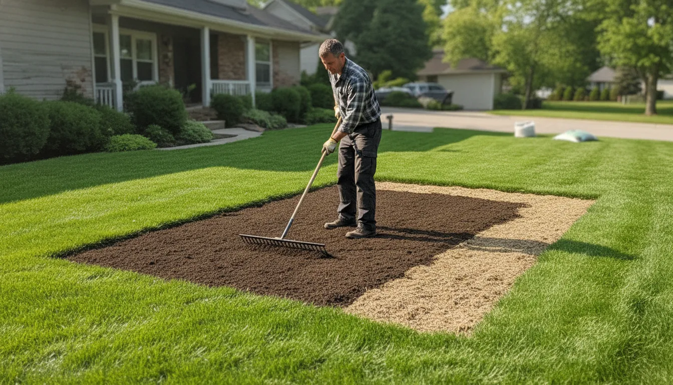 Homeowner raking screened topsoil into an even, level lawn bed before seeding new grass