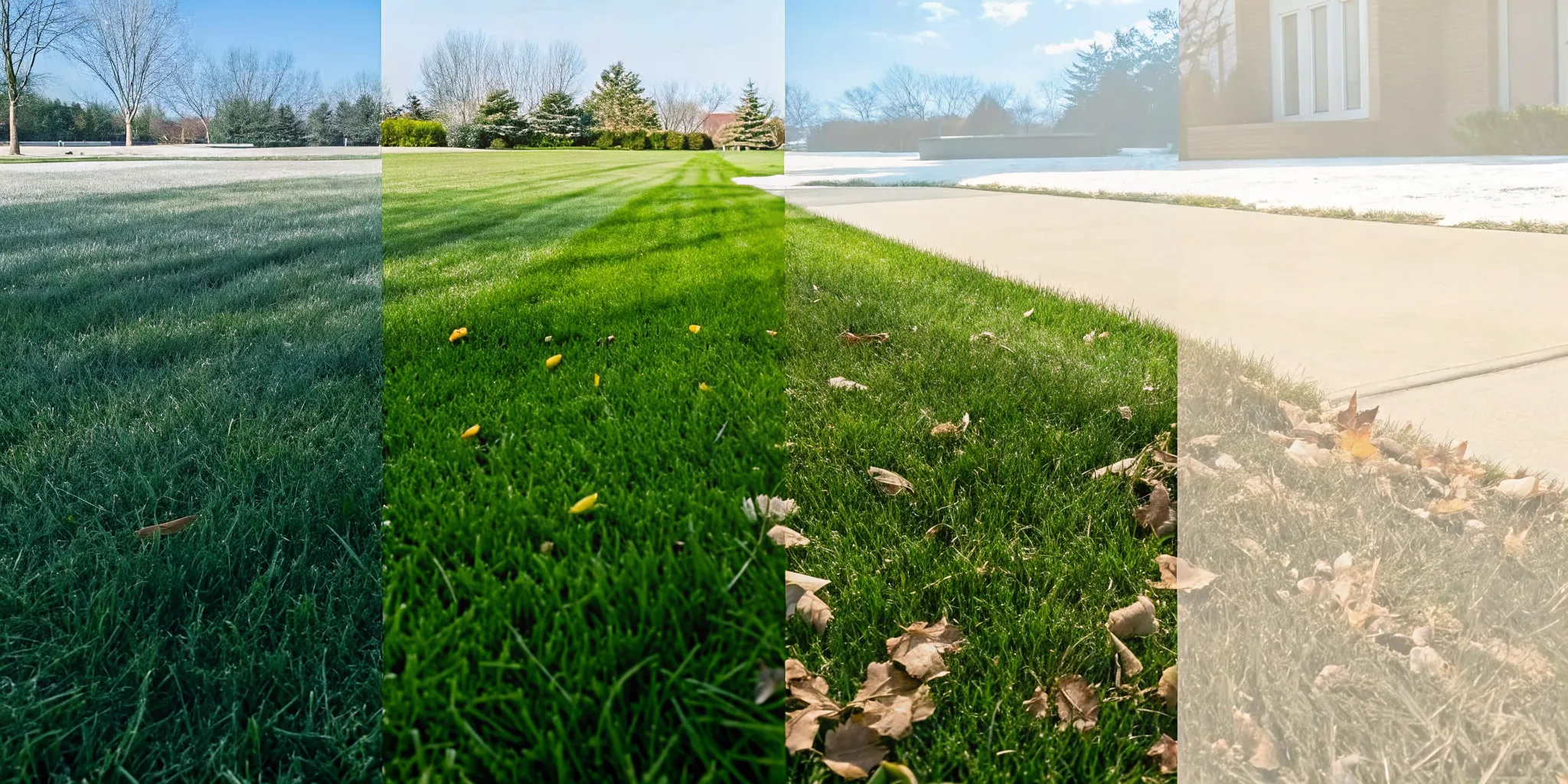 Seasonal lawn care calendar showing spring, summer, fall, and winter lawn conditions for Cincinnati