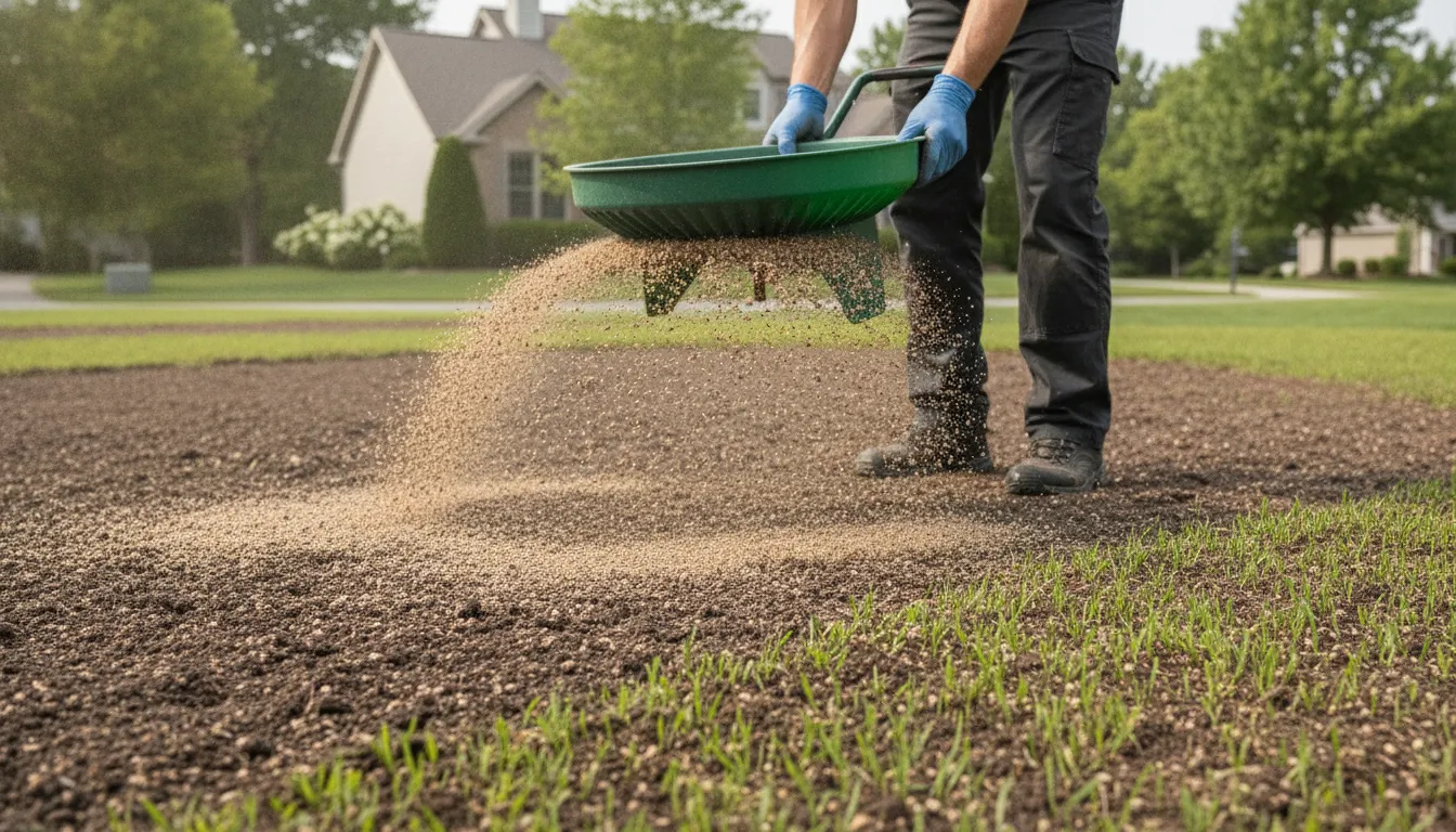 Lawn care professional spreading a thin even layer of screened topsoil over freshly seeded, sprouting ground