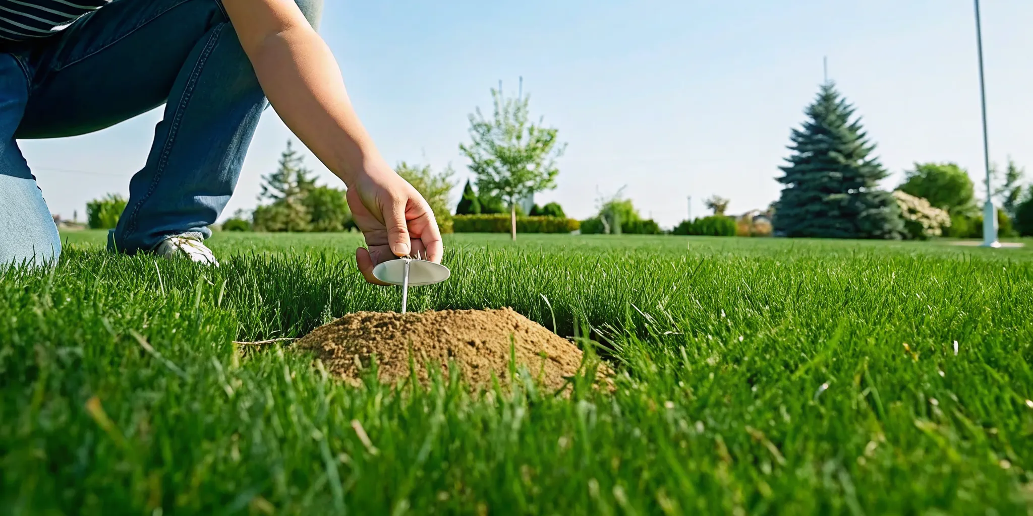 Homeowner collecting a soil sample for spring lawn testing in the Midwest