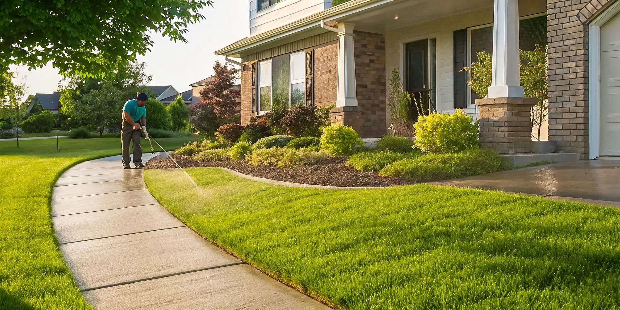 Careful spot treatment of a weed in healthy lawn grass