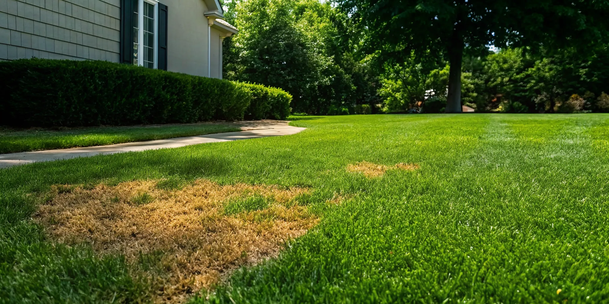 Charlotte lawn with summer insect damage showing brown patches from armyworms and chinch bugs