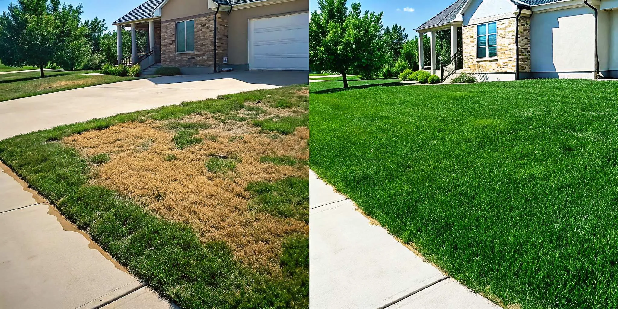 Before and after comparison of a lawn transitioning from weed-infested to lush and green after professional treatment