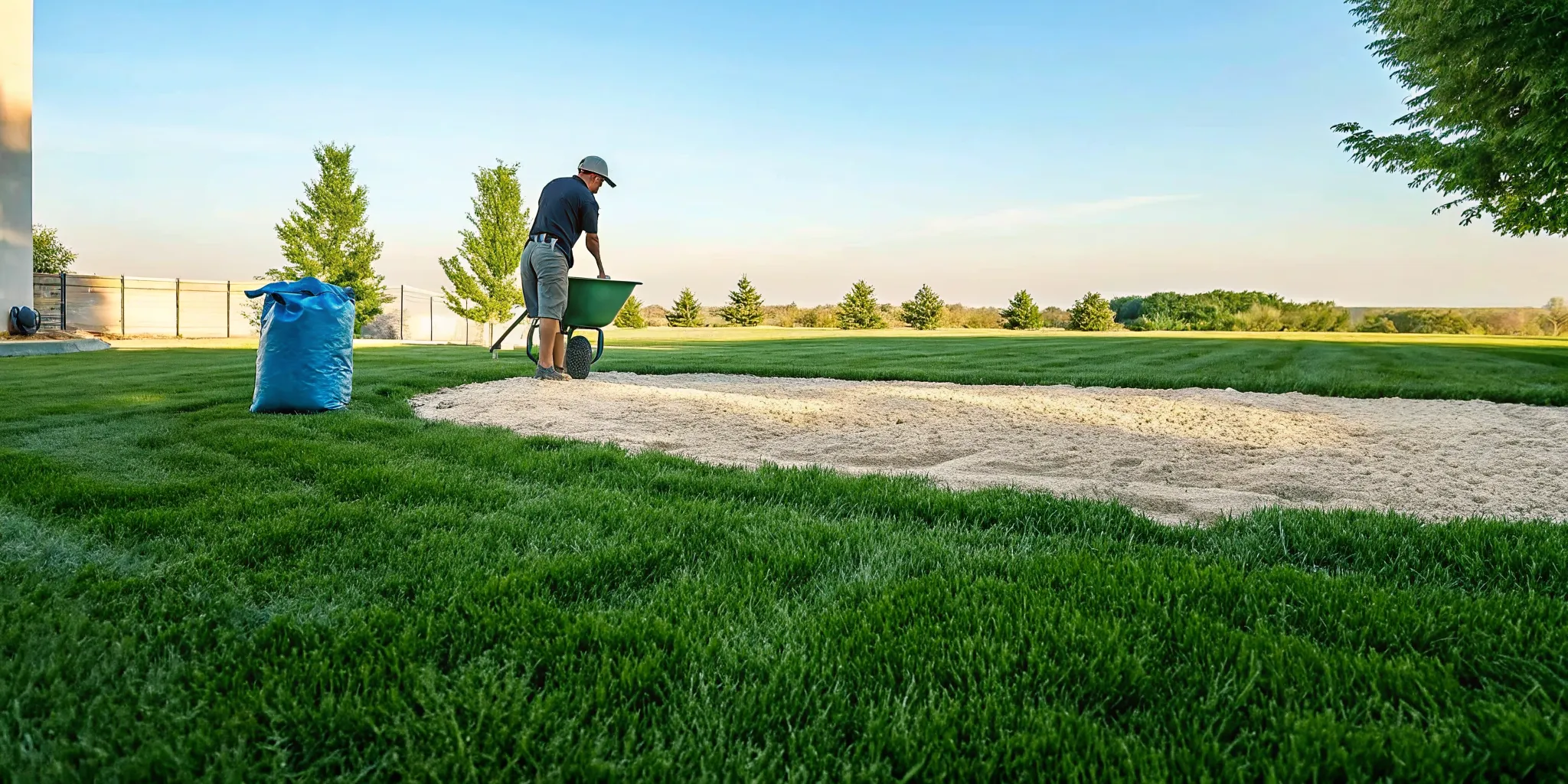 Lawn care technician spreading grass seed over a prepared bare patch in a Midwest backyard