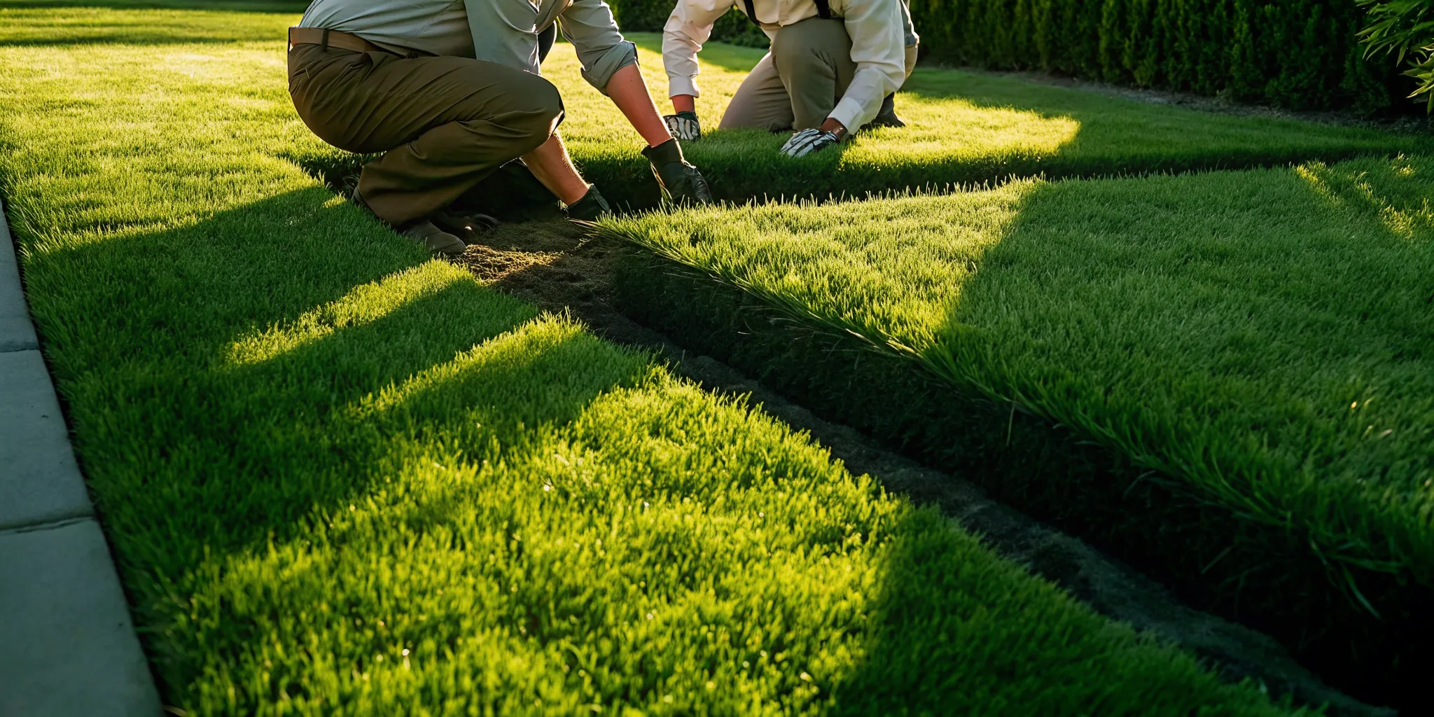 Lawn care expert showing a homeowner the deep root system of green turf grass in a healthy lawn