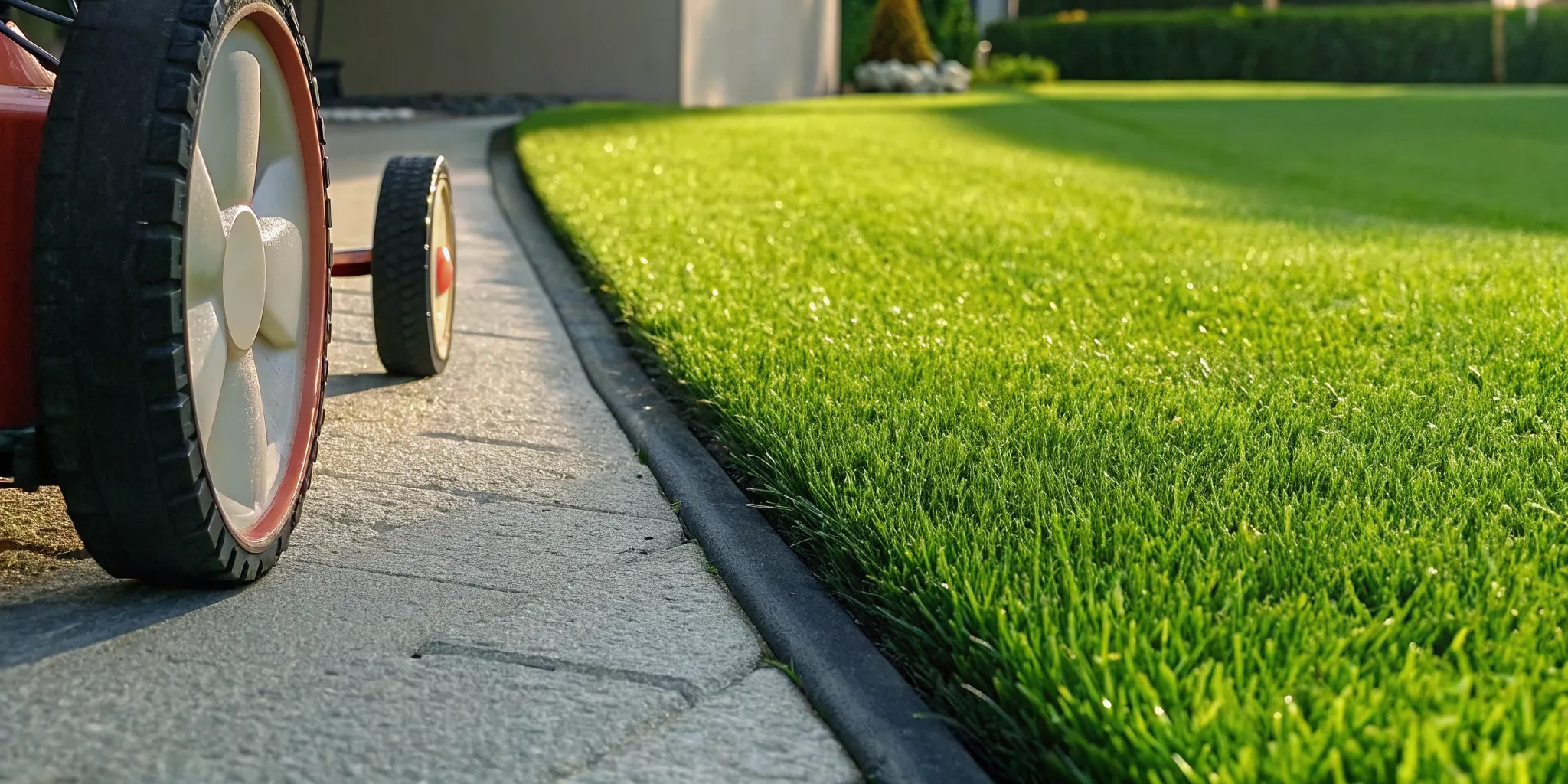 Push lawn mower on a freshly cut fall lawn with leaves nearby for seasonal mowing height