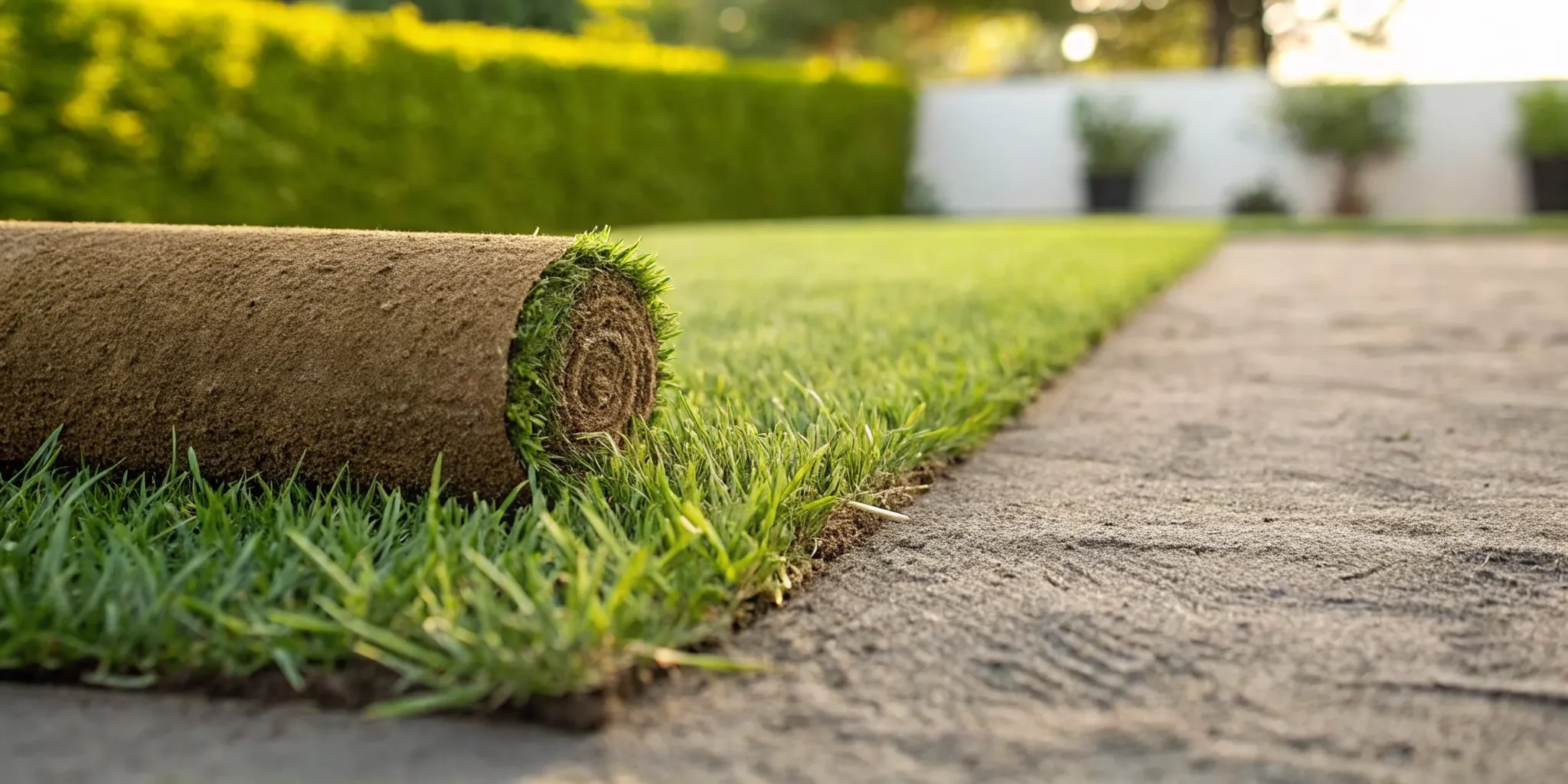 Freshly seeded bare lawn patch beside a section of new sod being laid on prepared soil