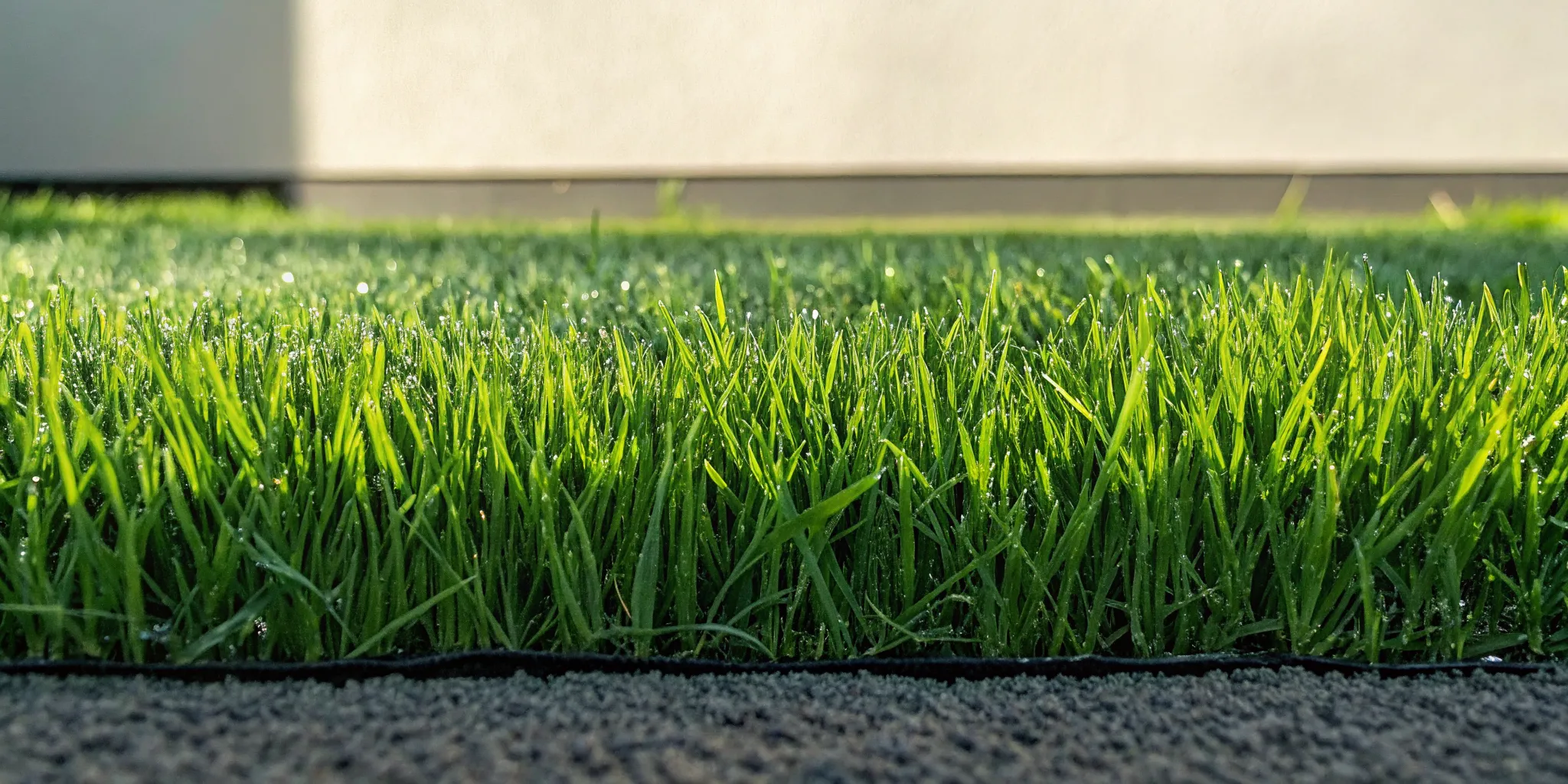 New green grass seedlings emerging after overseeding lawn care