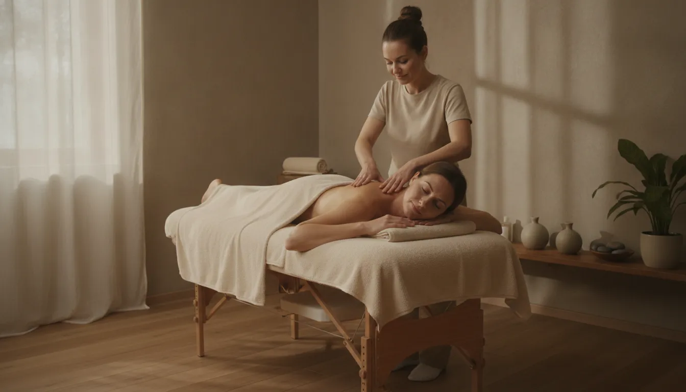 A person relaxing during a massage for sleep in a softly lit treatment room