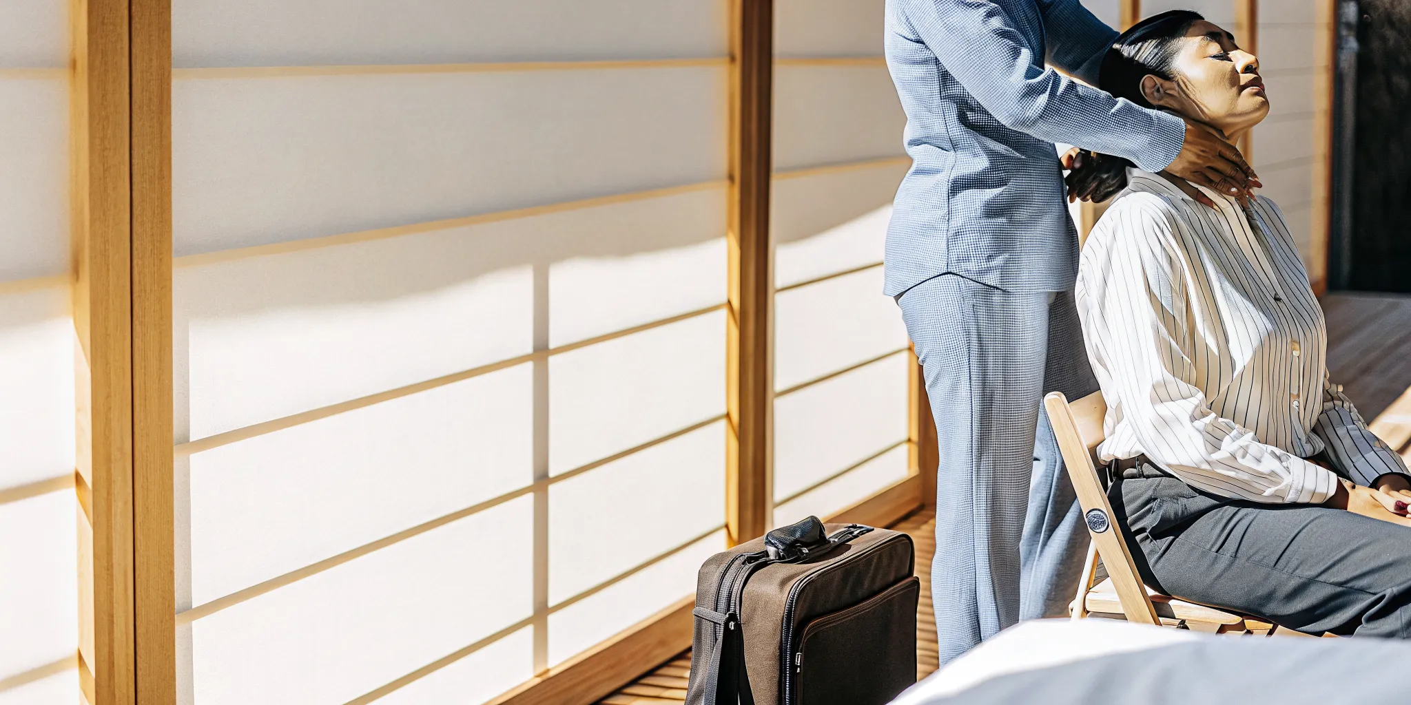 Business traveler receiving neck and shoulder massage in New Orleans