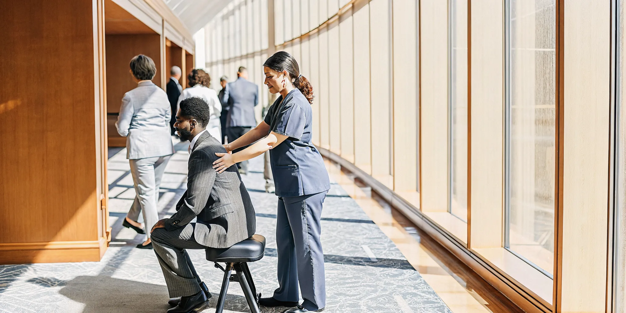 Professional chair massage setup prepared for a New Orleans business event