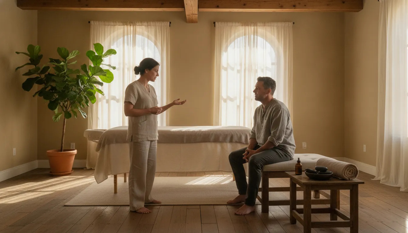Therapist discussing massage goals with a client before treatment