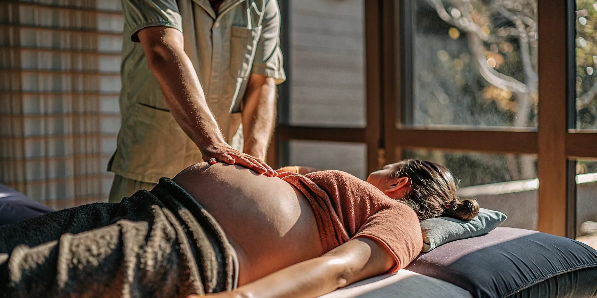 Pregnant woman lying on her side on a massage table with pillows, receiving gentle prenatal massage from a certified therapist in a warm New Orleans studio
