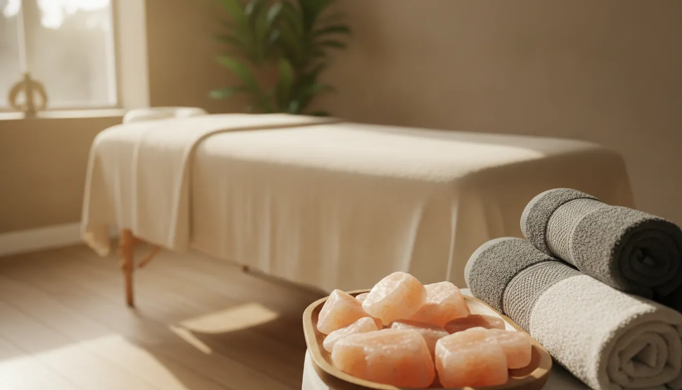 Warm Himalayan salt stones beside a massage table