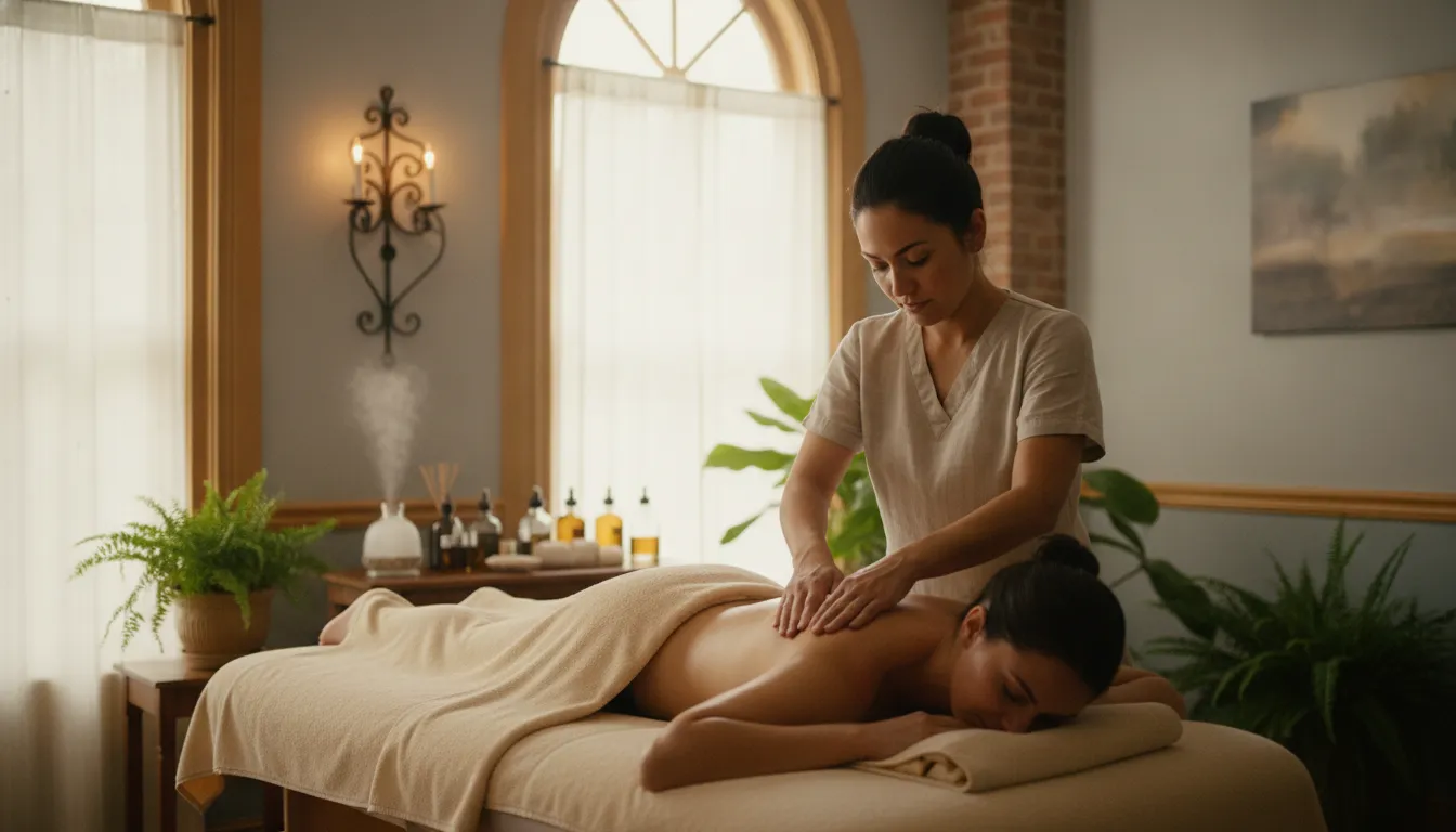 Therapist performing a relaxing massage for a traveler in a New Orleans treatment room