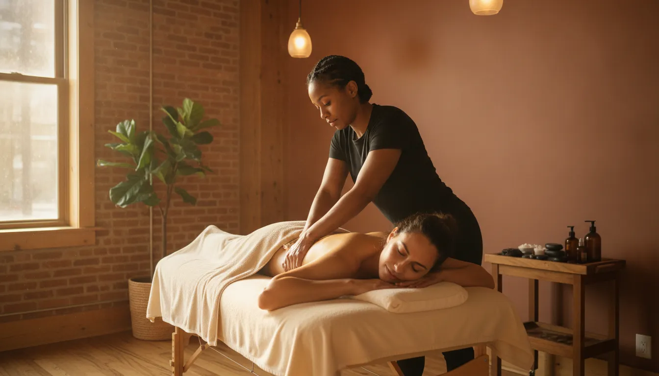 Therapist applying deep tissue massage techniques at a welcoming New Orleans studio