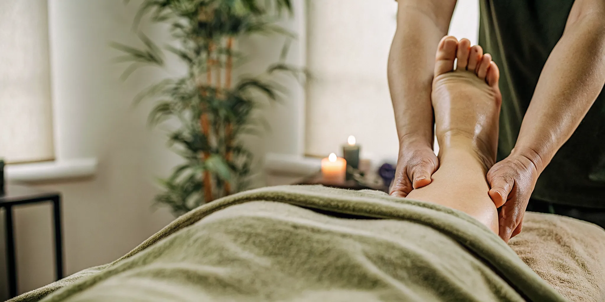 A therapist's foot gliding across the back of a draped guest during barefoot deep tissue massage