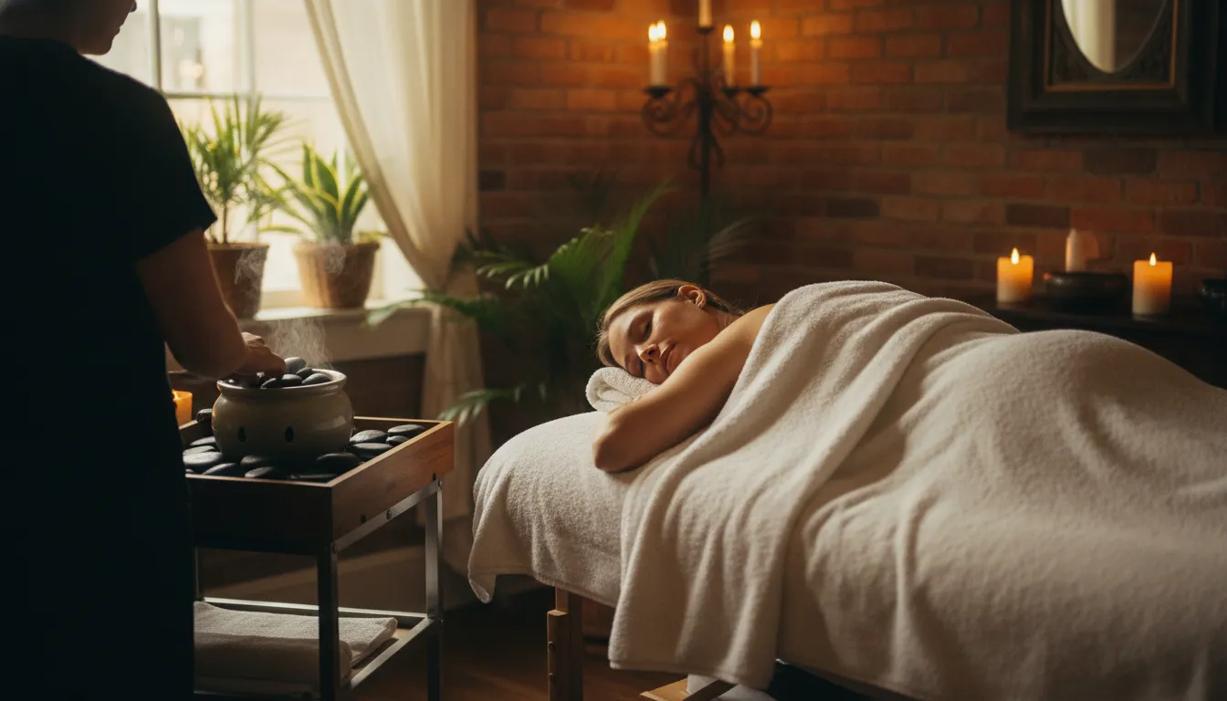 Therapist preparing hot stones beside a massage table for a relaxing treatment